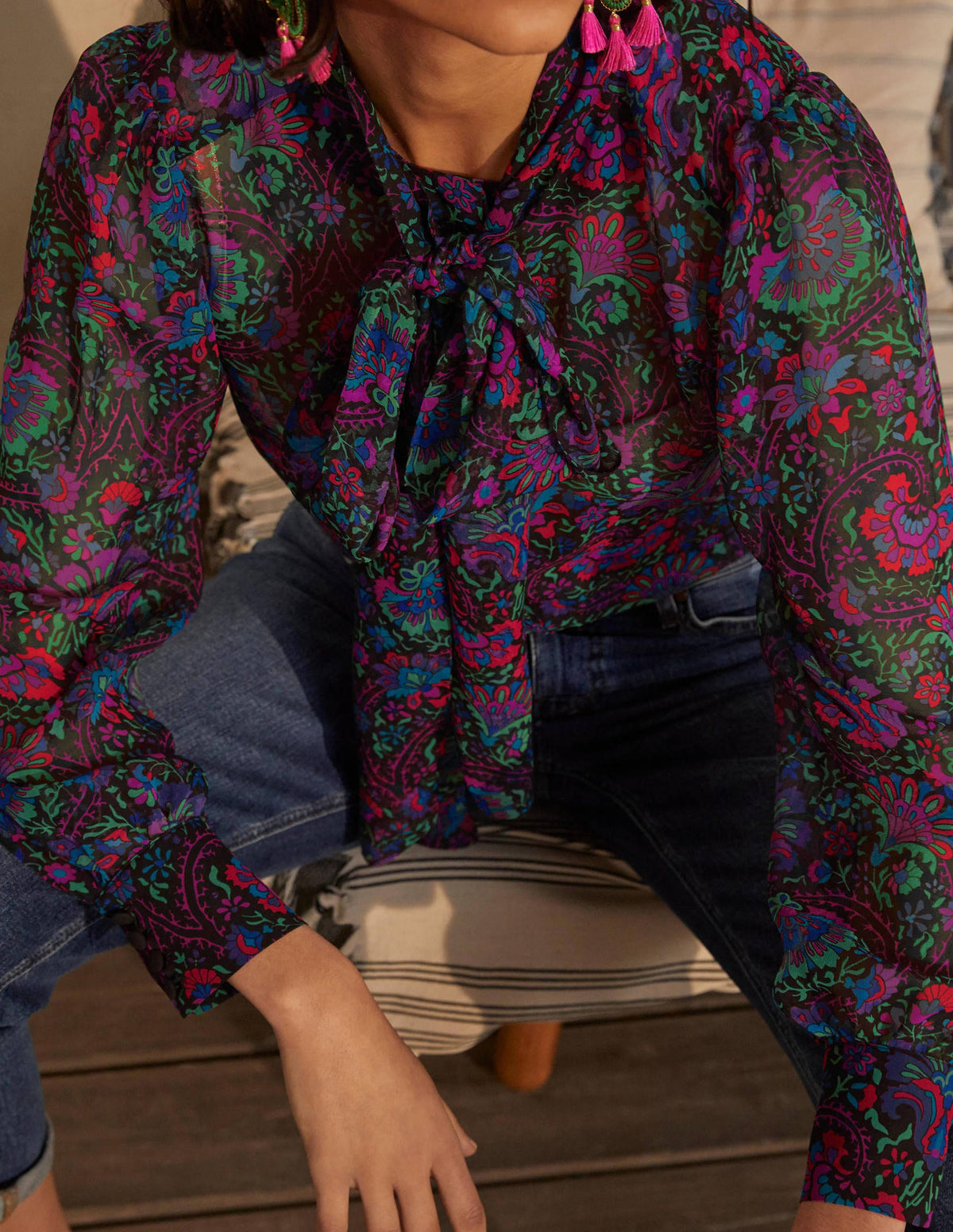 Rosaline Silk Blouse-French Navy, Opulent Bloom-1