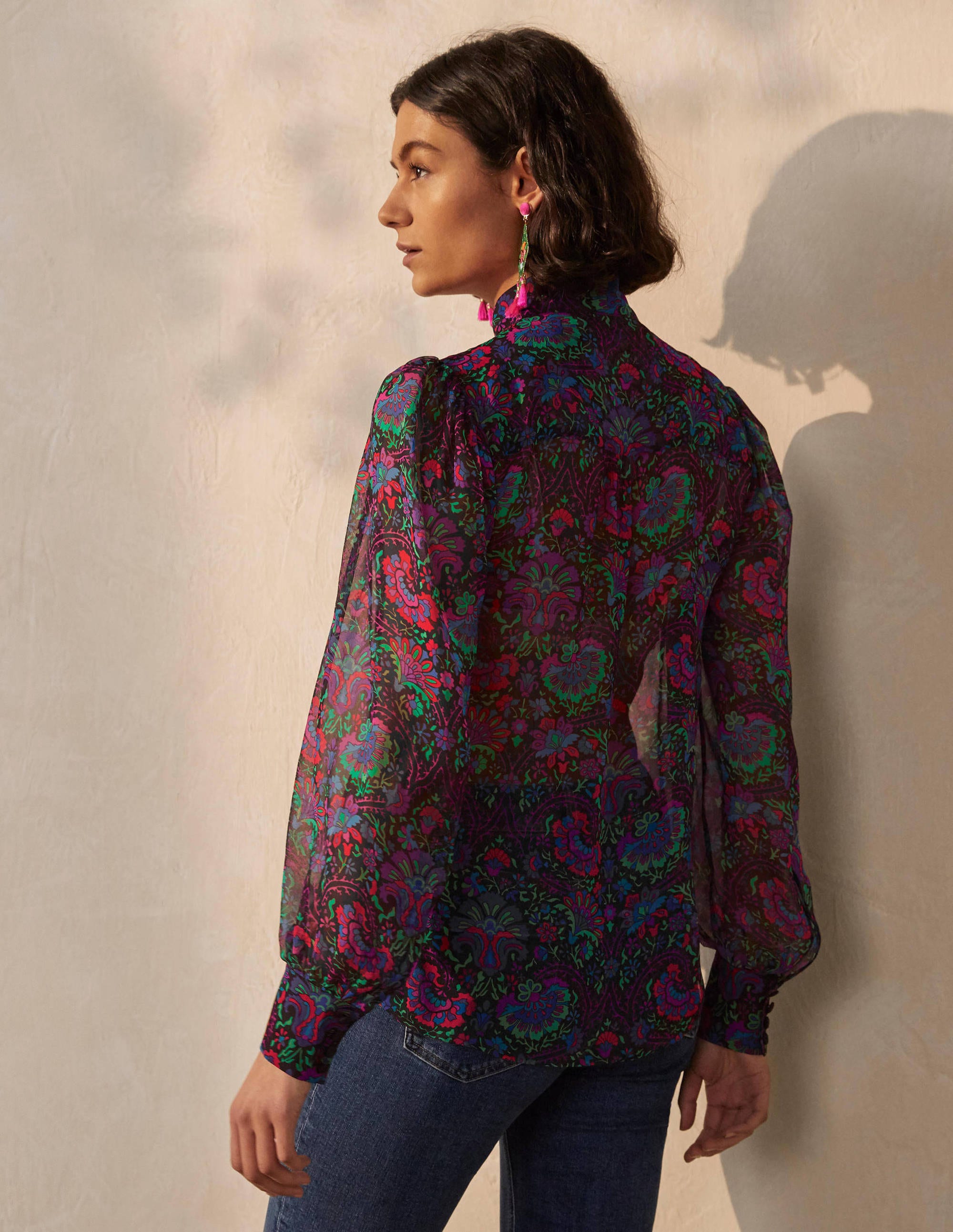 Rosaline Silk Blouse-French Navy, Opulent Bloom - Image 2