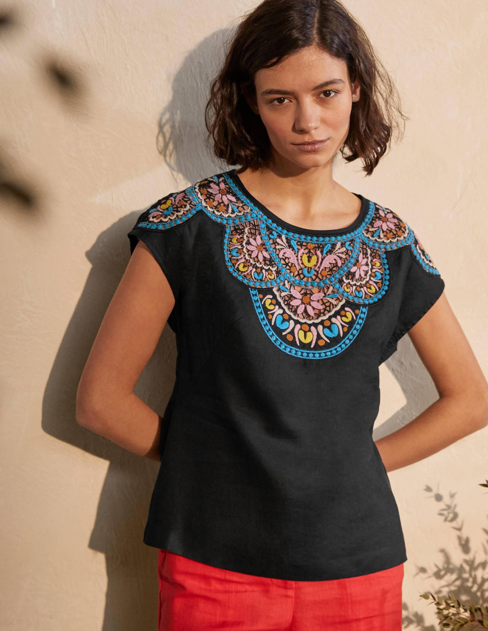 Fleur Embroidered Linen Top-Black / Multi-4