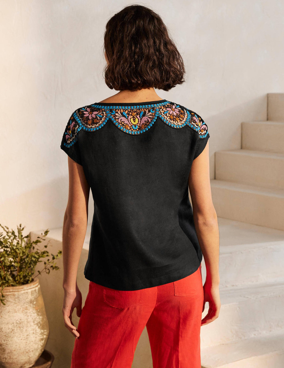 Fleur Embroidered Linen Top-Black / Multi-2