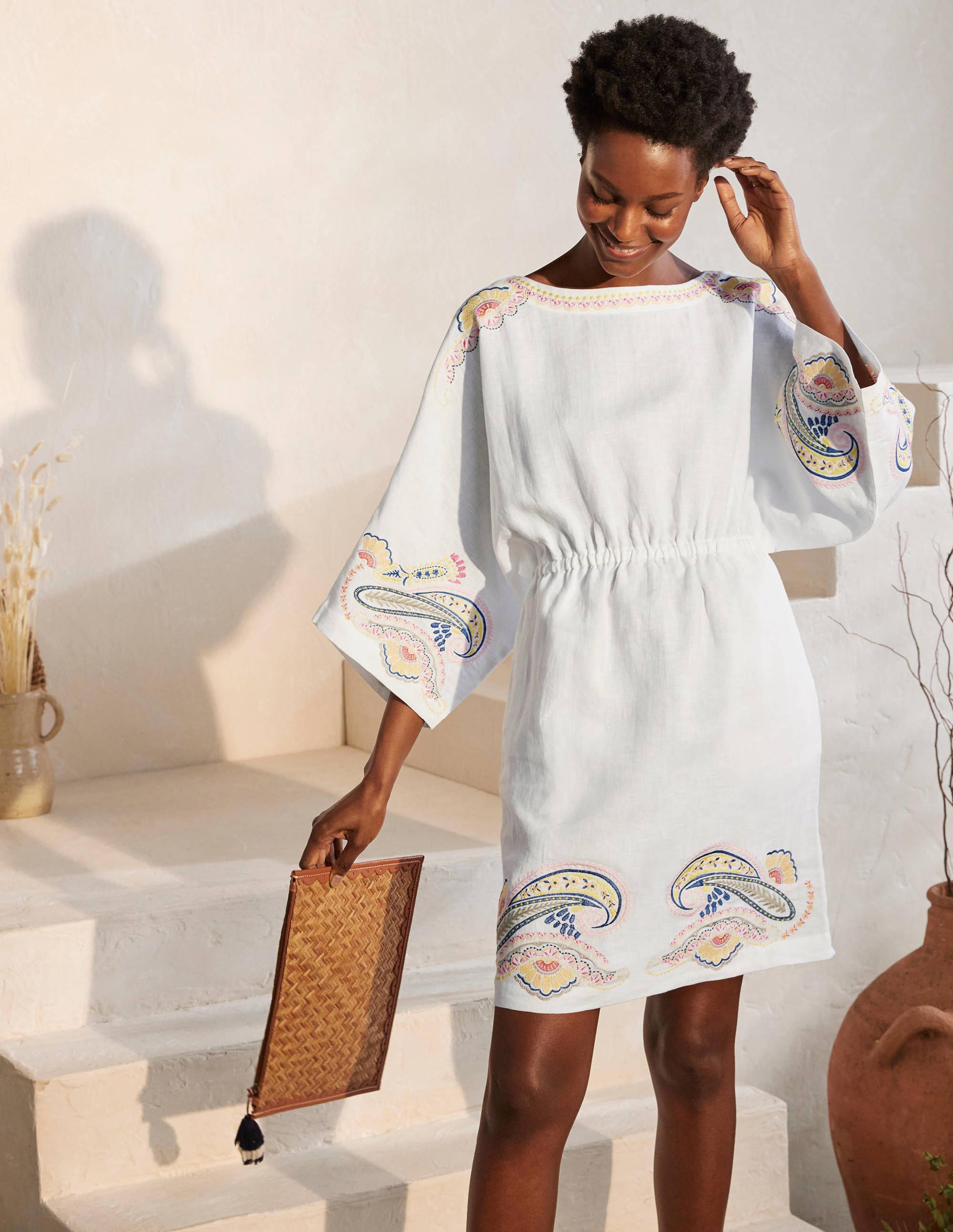 Briana Embroidered Linen Dress-White - Image 4