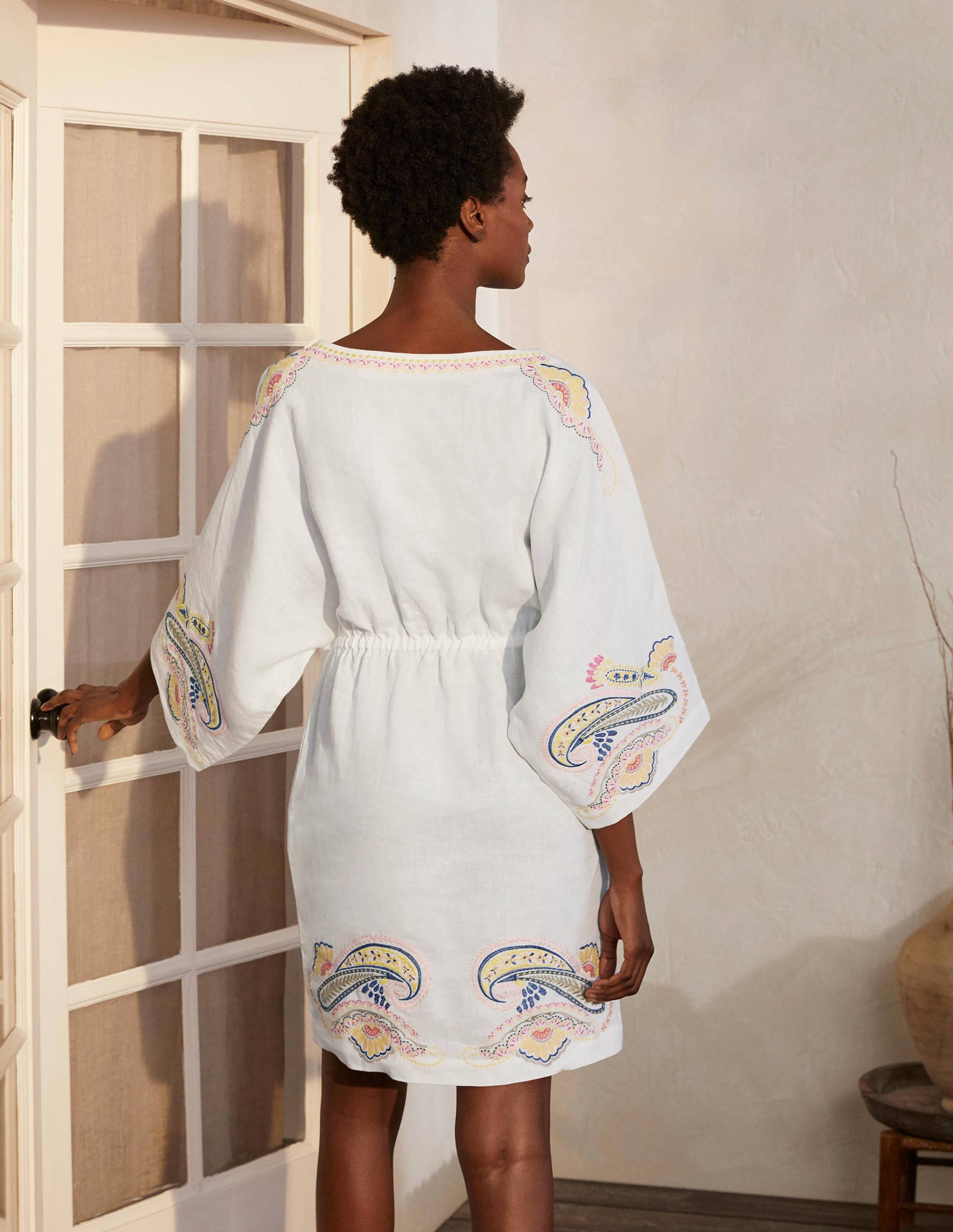 Briana Embroidered Linen Dress-White - Image 2