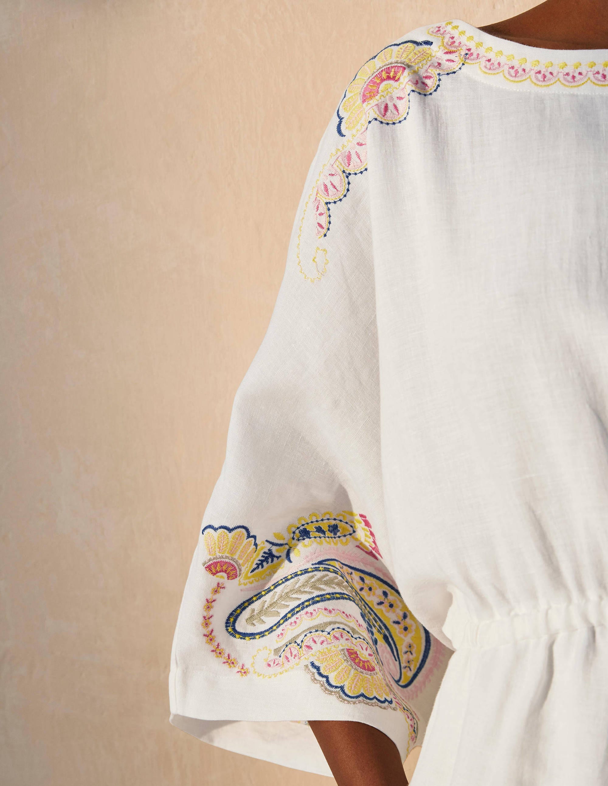 Briana Embroidered Linen Dress-White - Image 3