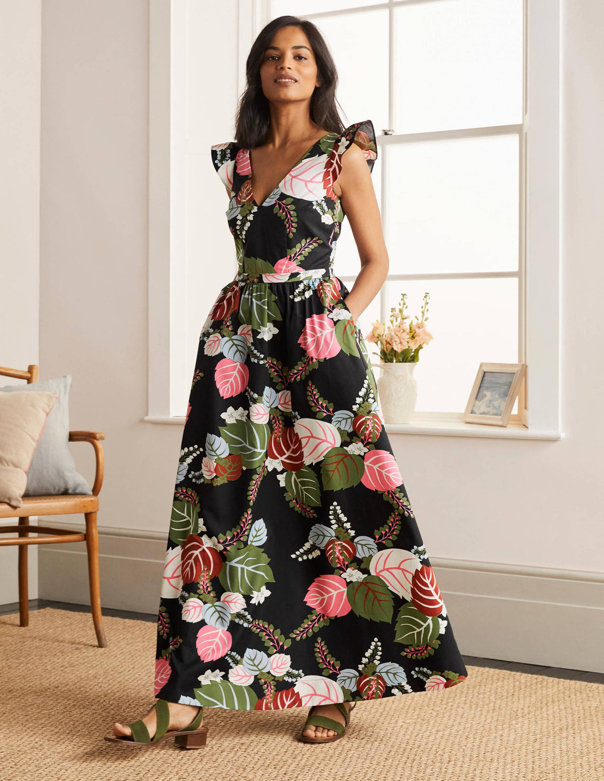Andrea Frill Sleeve Maxi Dress-Black, Holiday Tropic - Image 1