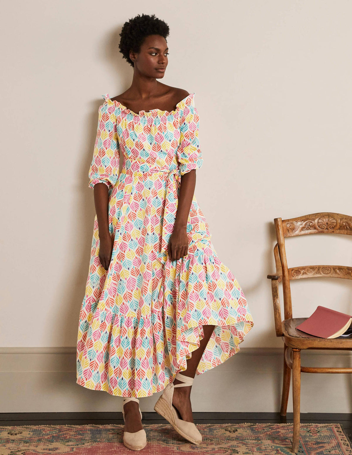 Rosalind Tiered Midi Dress-Ivory, Palm Tile Multi-5