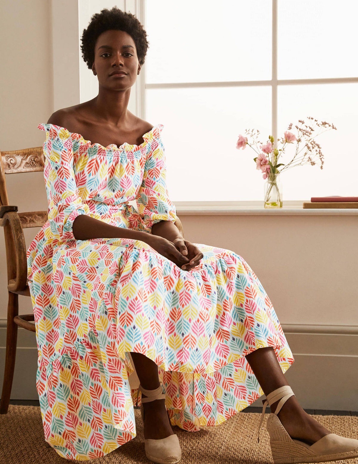 Rosalind Tiered Midi Dress-Ivory, Palm Tile Multi-1
