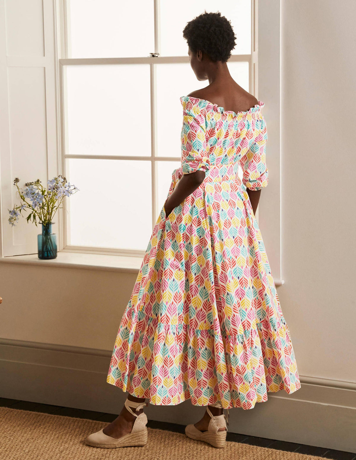 Rosalind Tiered Midi Dress-Ivory, Palm Tile Multi-2