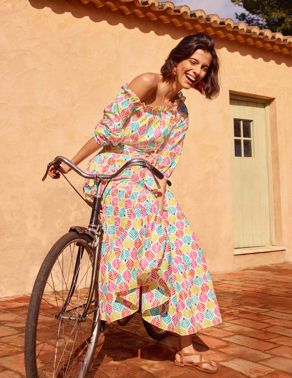 Rosalind Tiered Midi Dress-Ivory, Palm Tile Multi-4