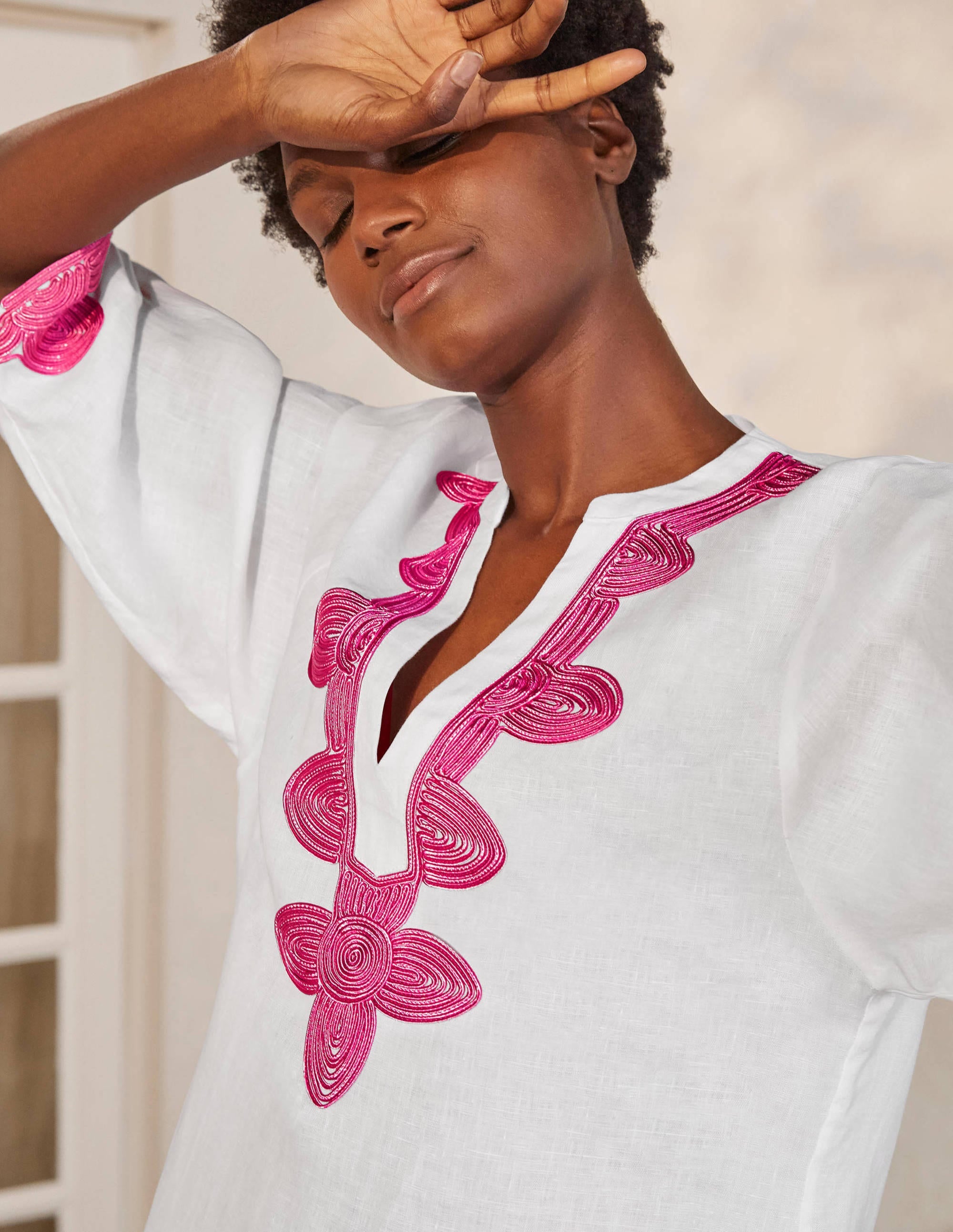 Bella Embroidered Linen Dress-White/Party Pink - Image 1