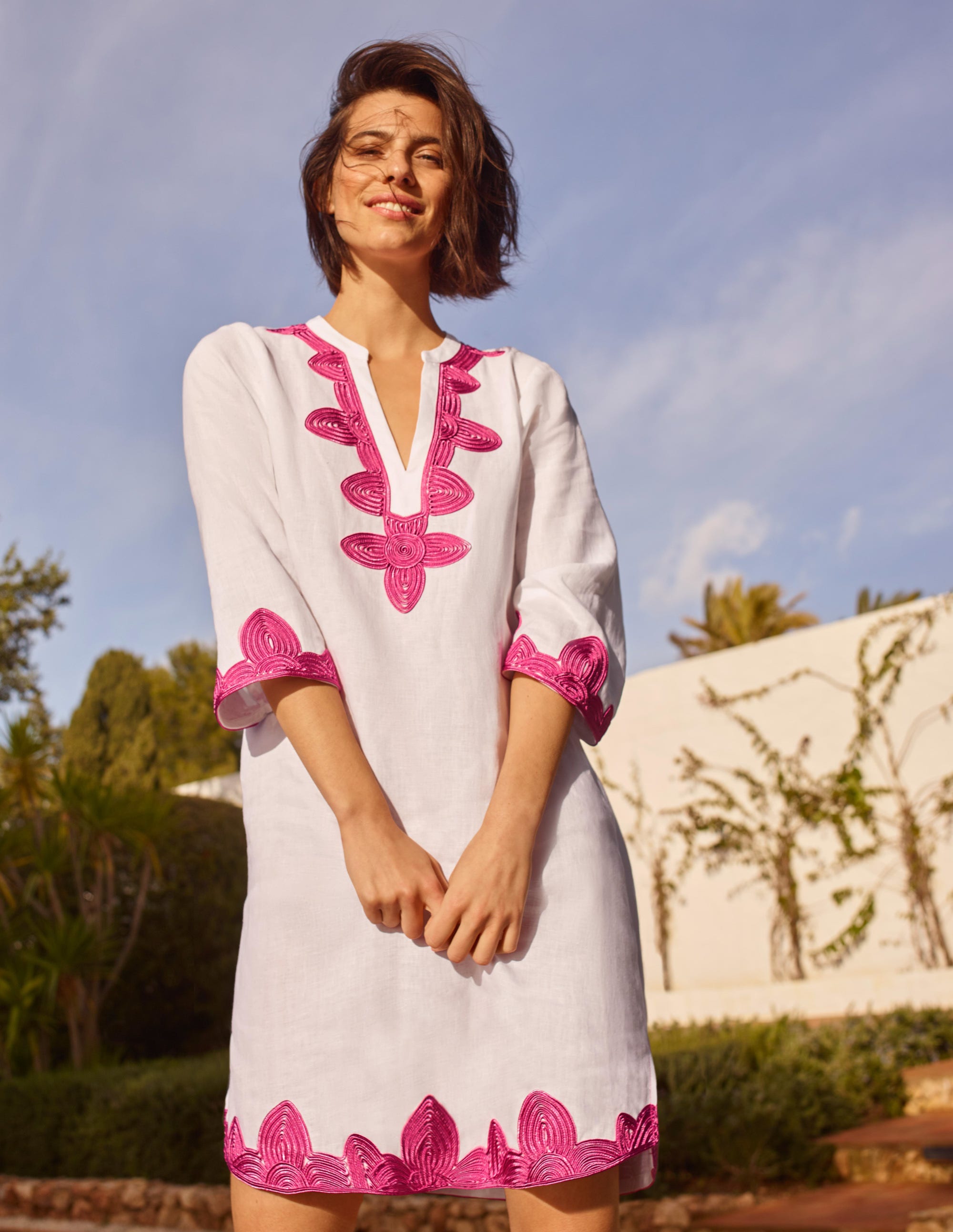 Bella Embroidered Linen Dress-White/Party Pink - Image 4
