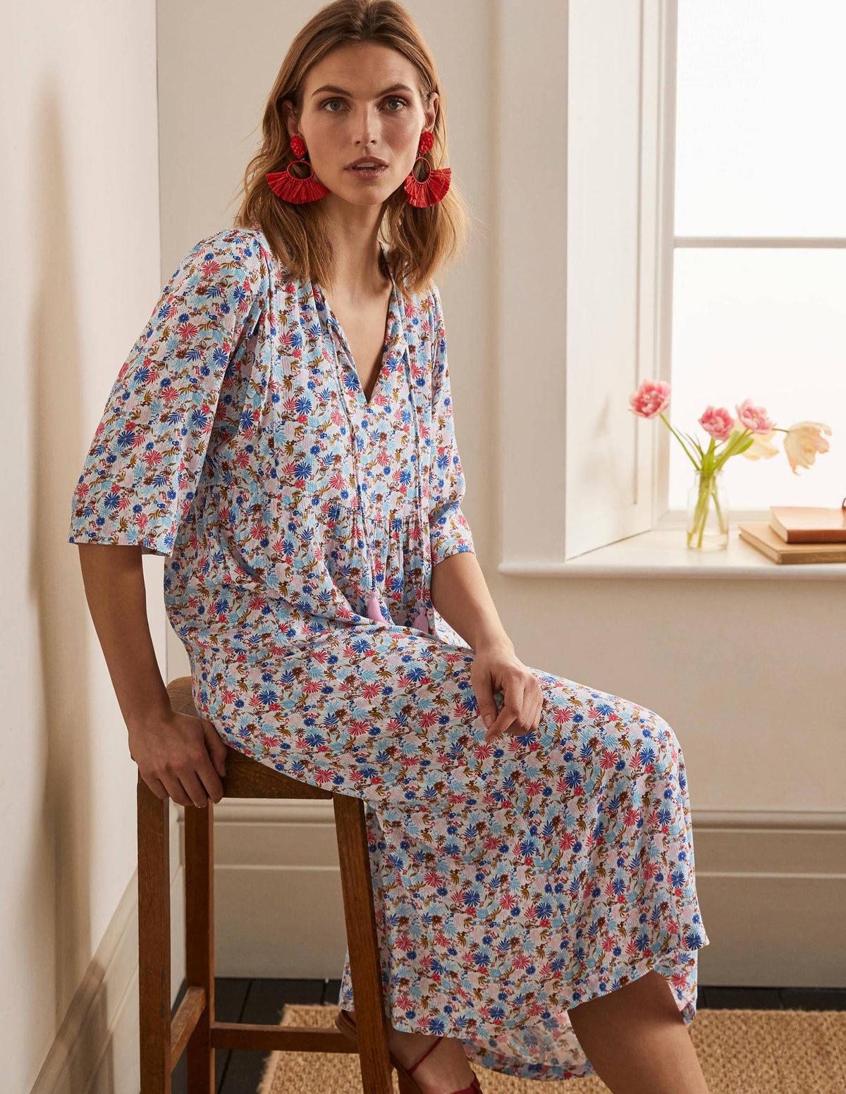 Empire-waist Midi Dress-Ivory, Enchanting Floral-5