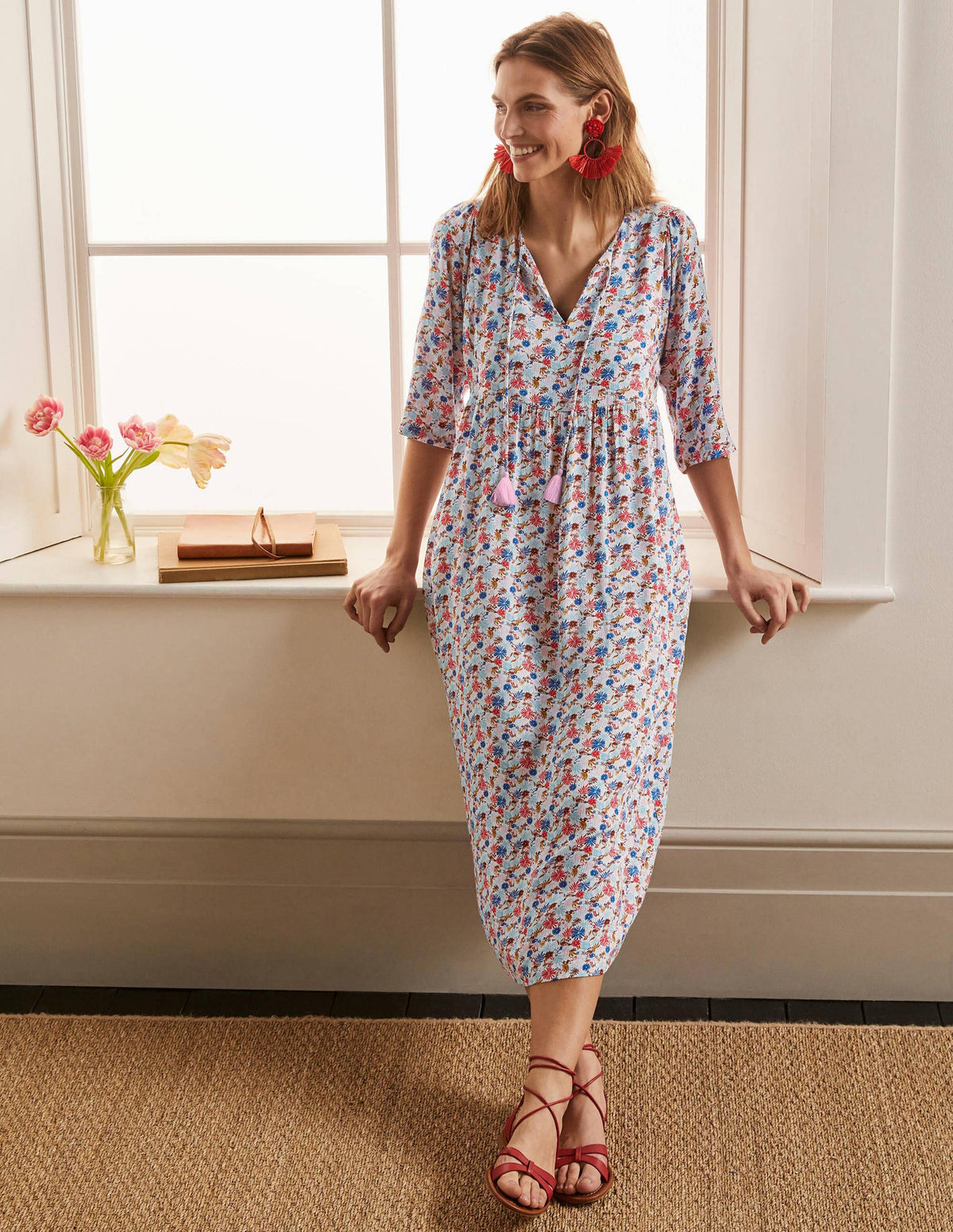 Empire-waist Midi Dress-Ivory, Enchanting Floral-1
