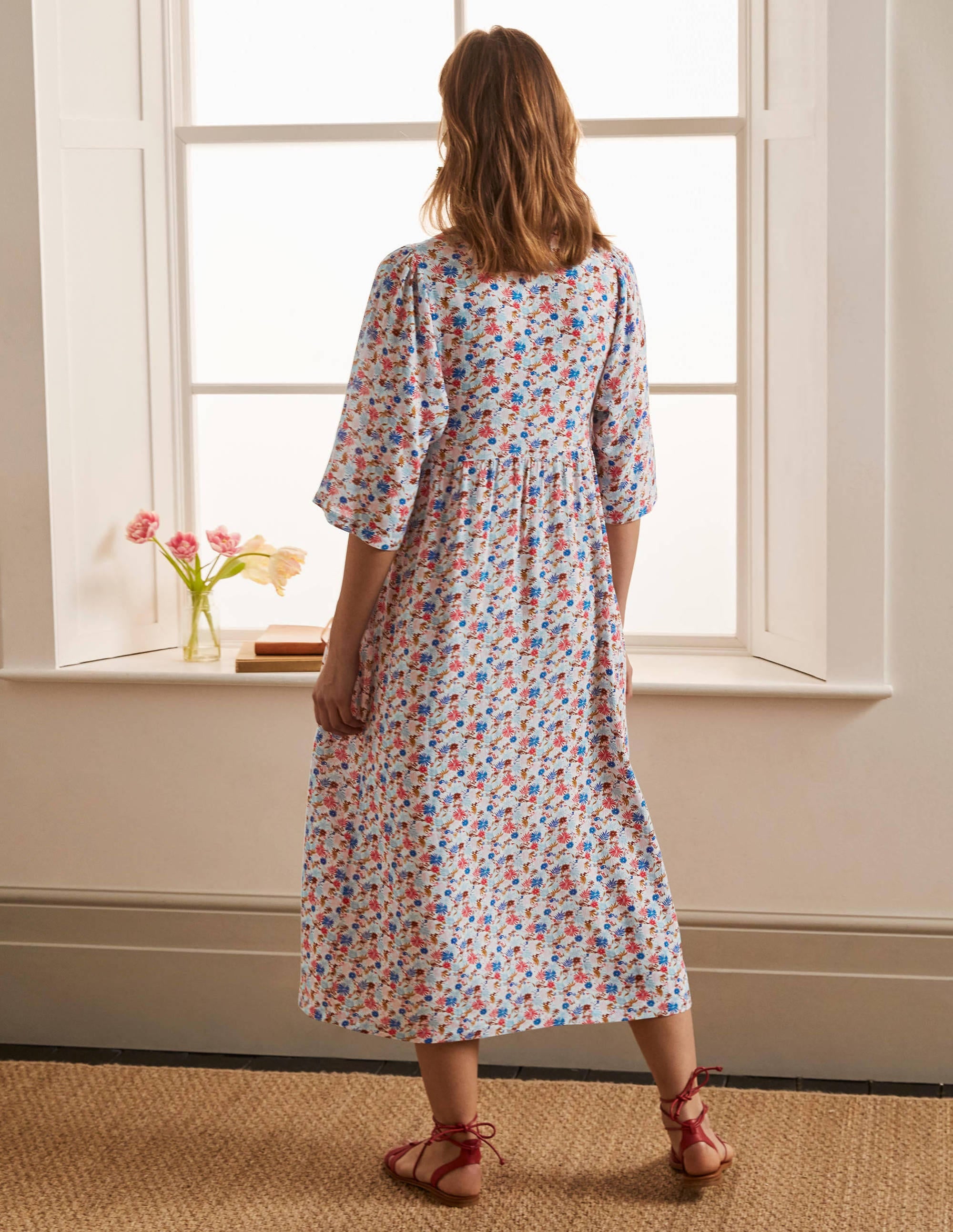 Empire-waist Midi Dress-Ivory, Enchanting Floral - Image 2