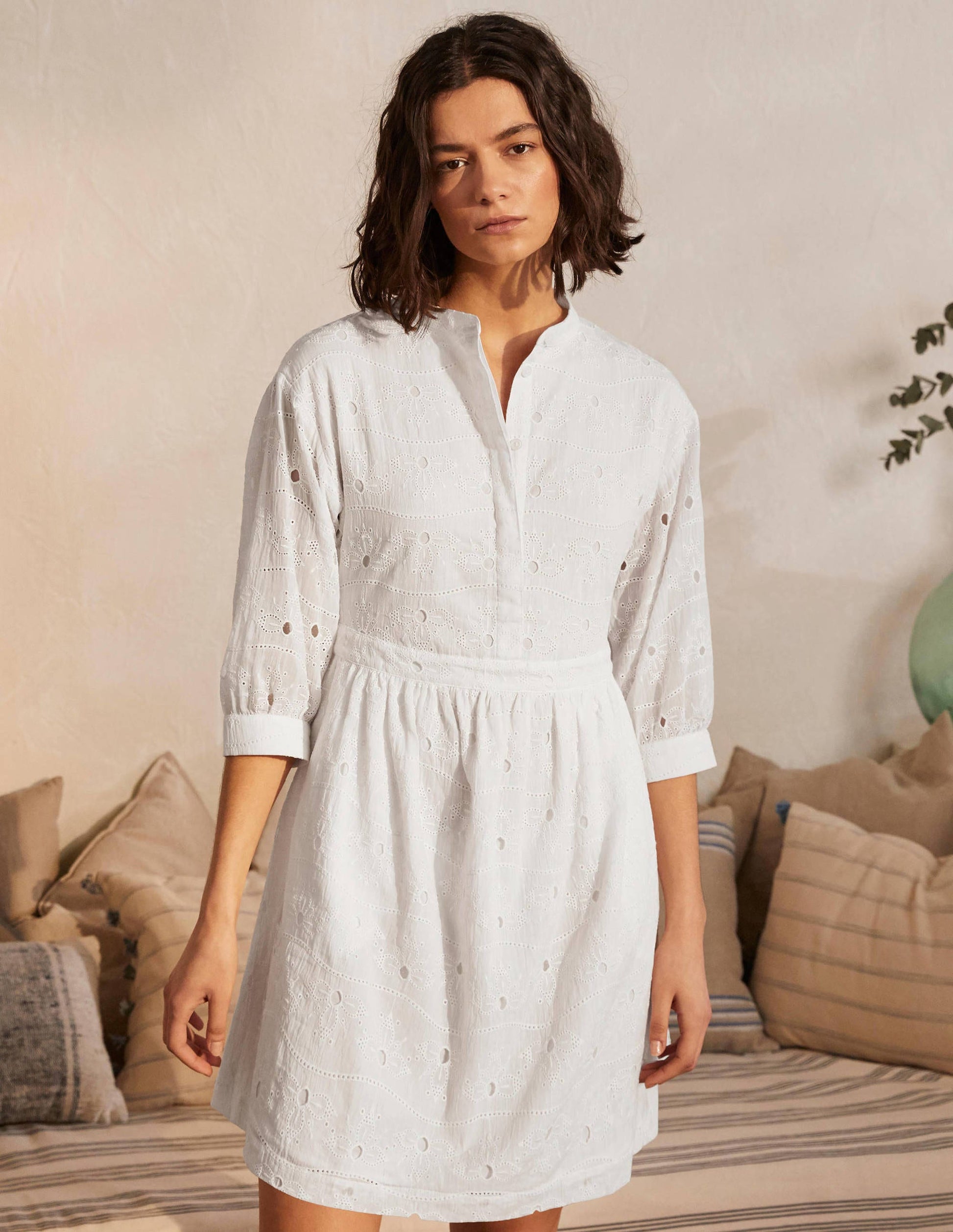 Broderie Cotton Dress-White-1