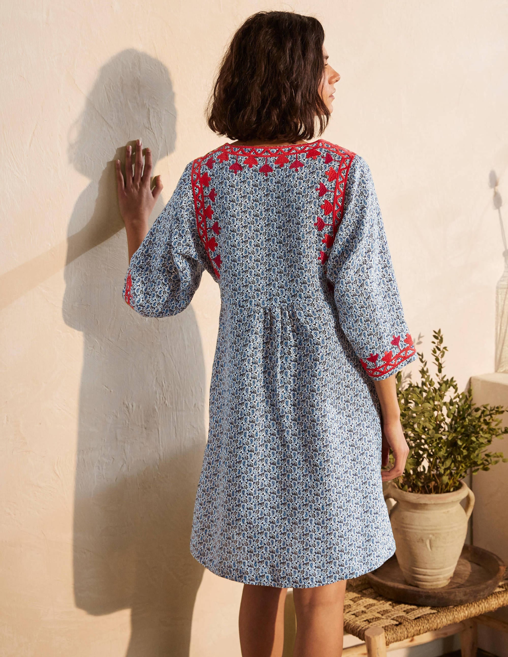Embroidered Linen Dress-Ivory, Pretty Paisley - Image 2