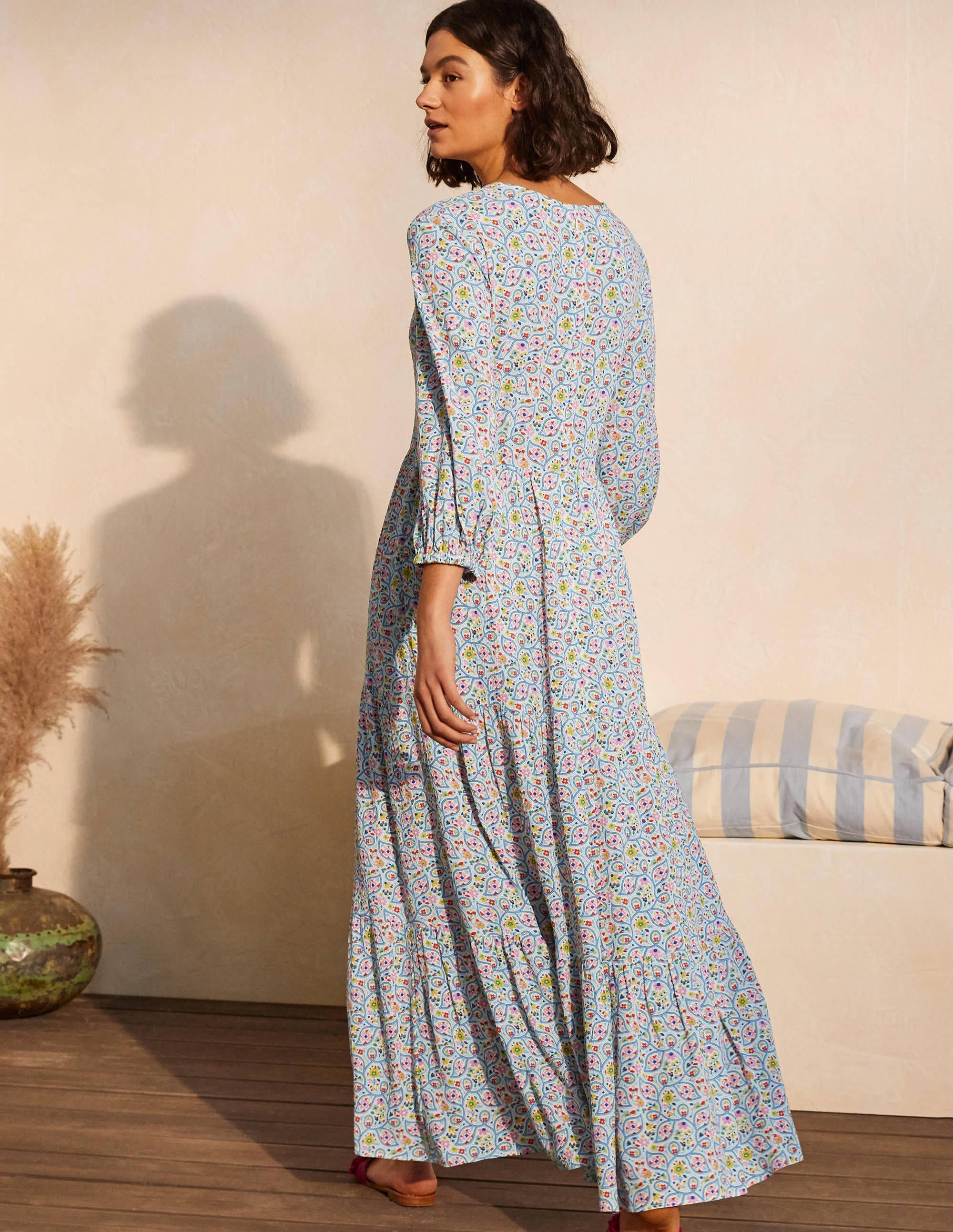 Blouson Sleeve Maxi Dress-Ivory, Leafy Floral - Image 2