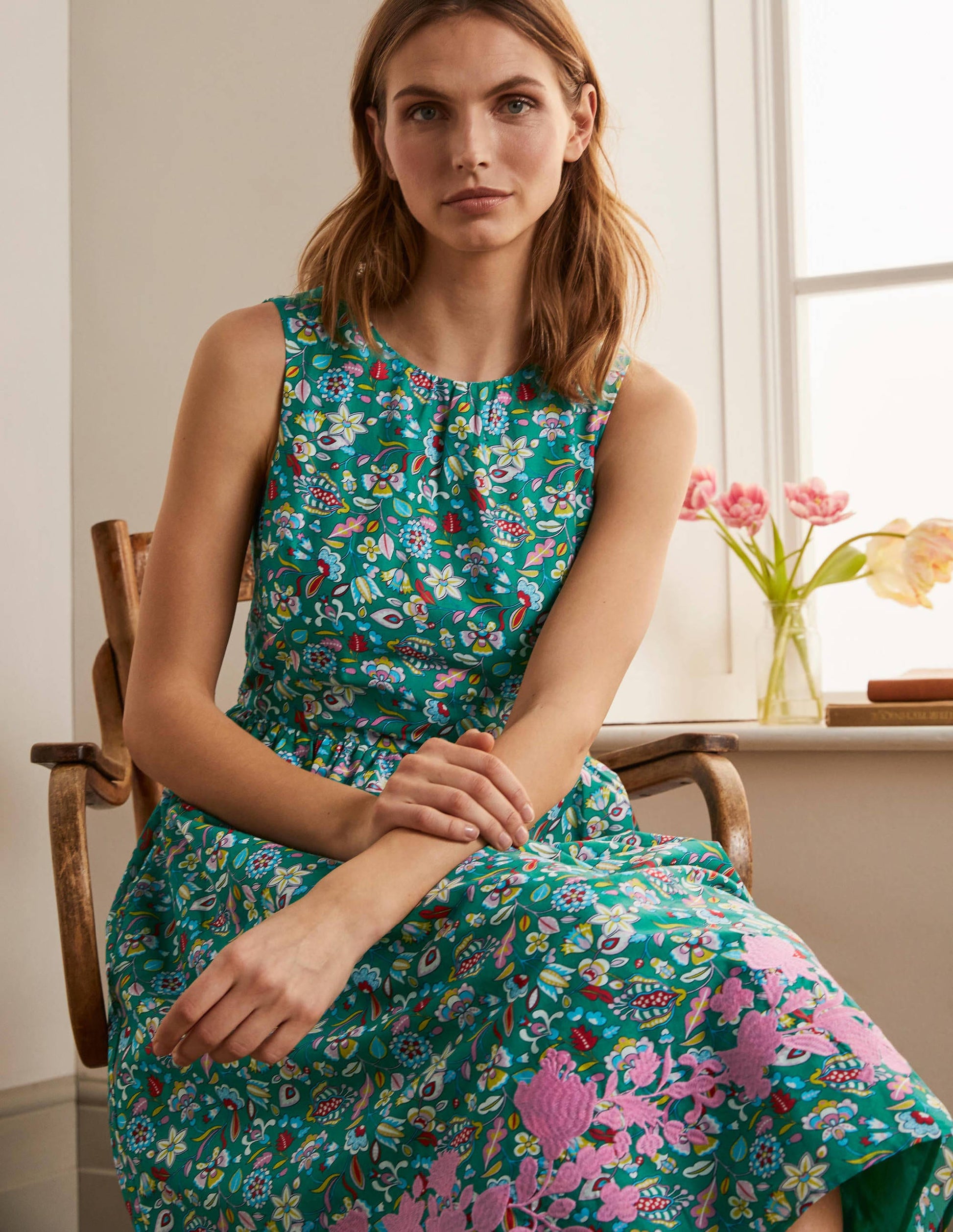 Embroidered Cotton Midi Dress-Green, Kaleidoscopic Floral-1