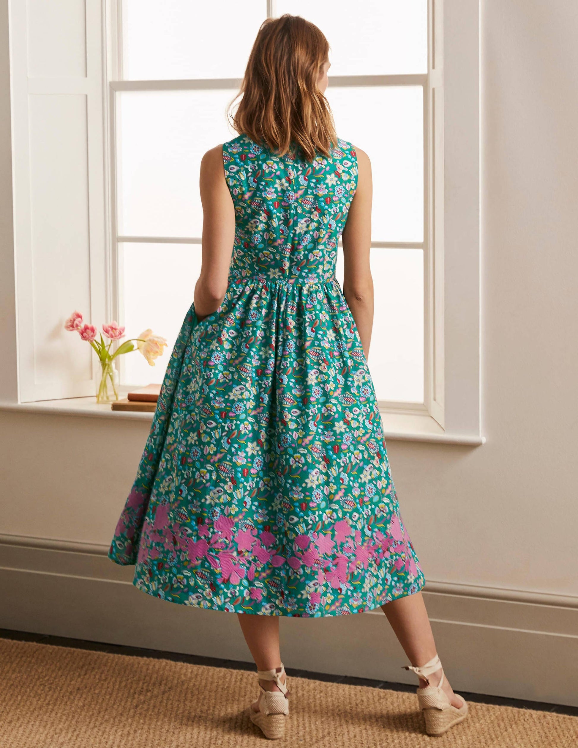 Embroidered Cotton Midi Dress-Green, Kaleidoscopic Floral-2