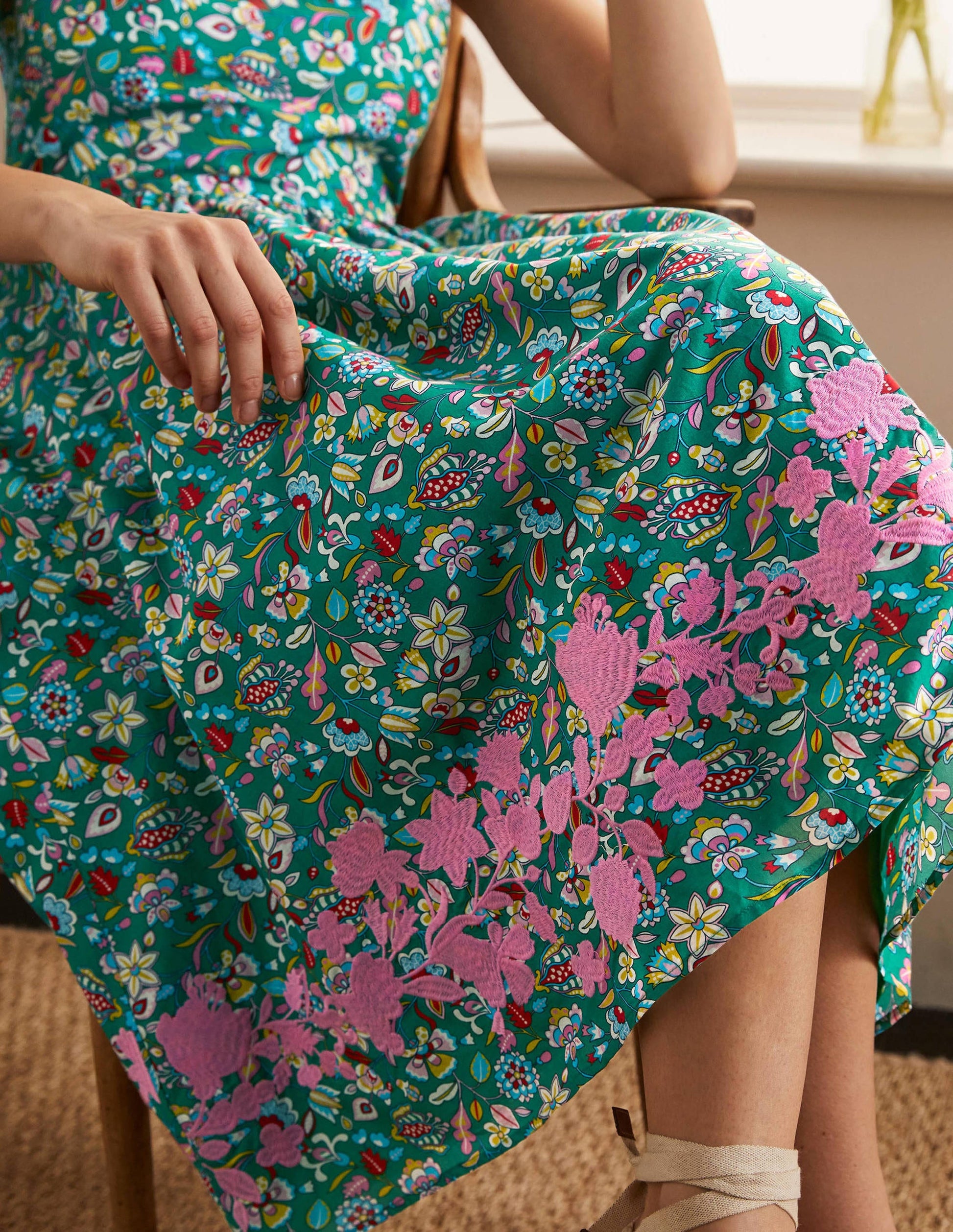 Embroidered Cotton Midi Dress-Green, Kaleidoscopic Floral-3
