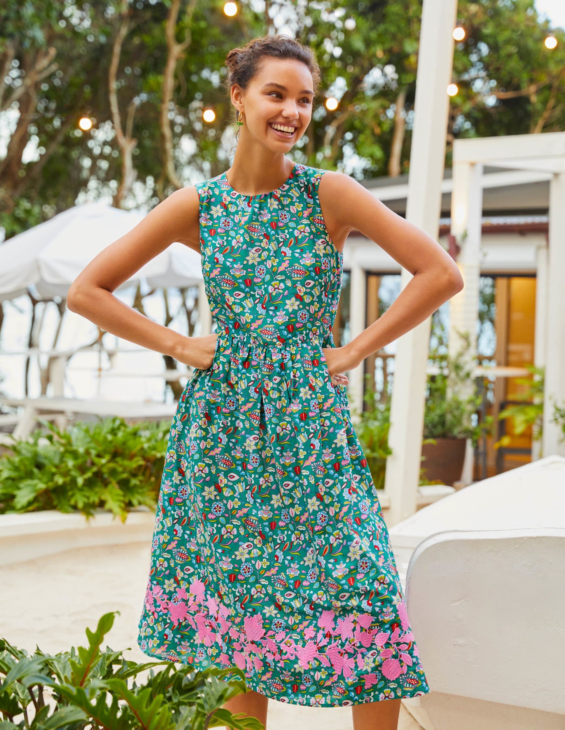 Embroidered Cotton Midi Dress-Green, Kaleidoscopic Floral-4