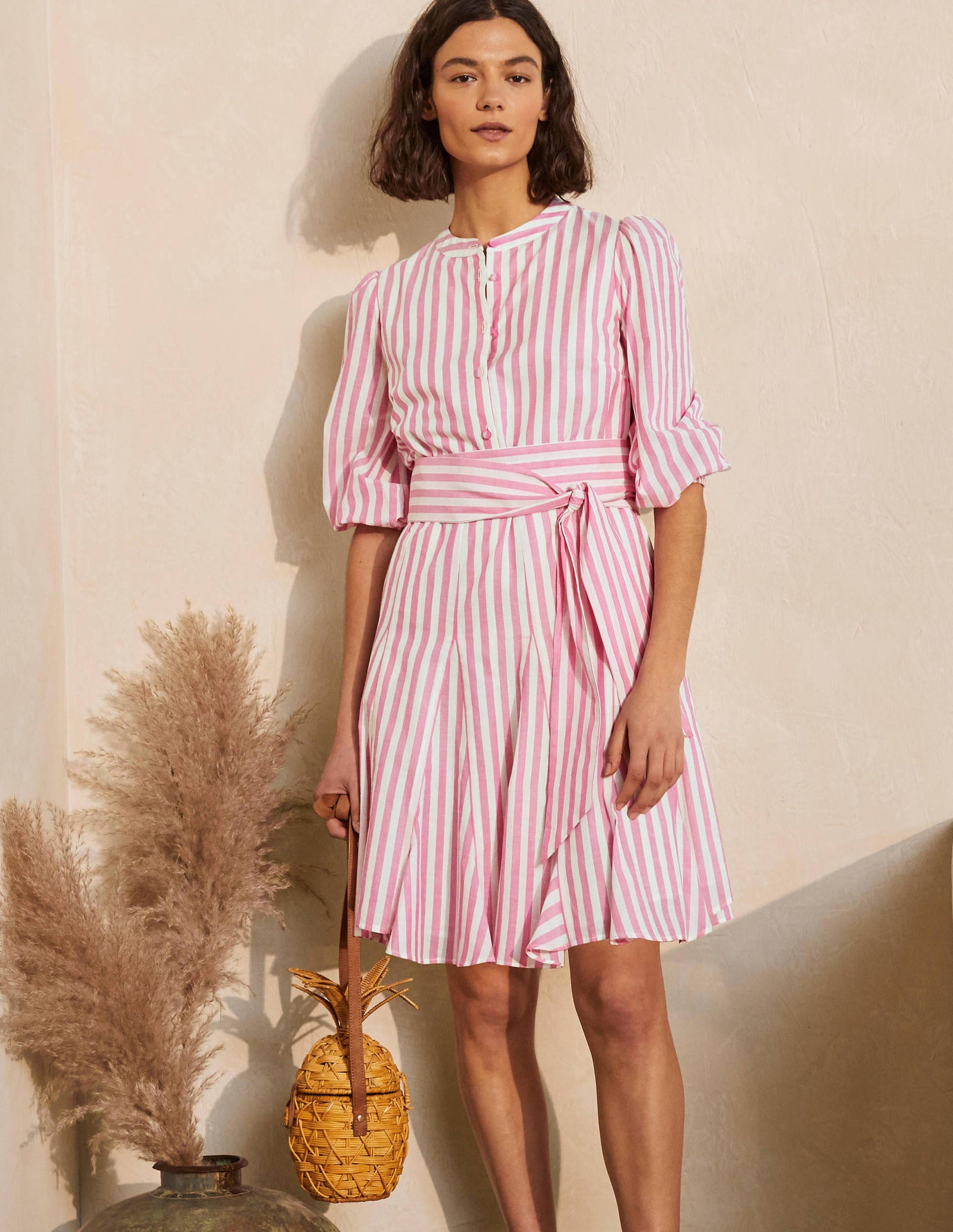 Puff Sleeve Cotton Dress-Party Pink Stripe-1