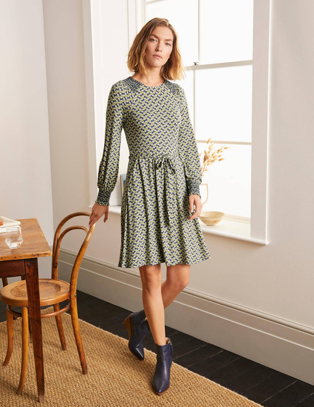 Grace Smocked Jersey Dress-Grey Squirrel, Water Lilies - Image 2