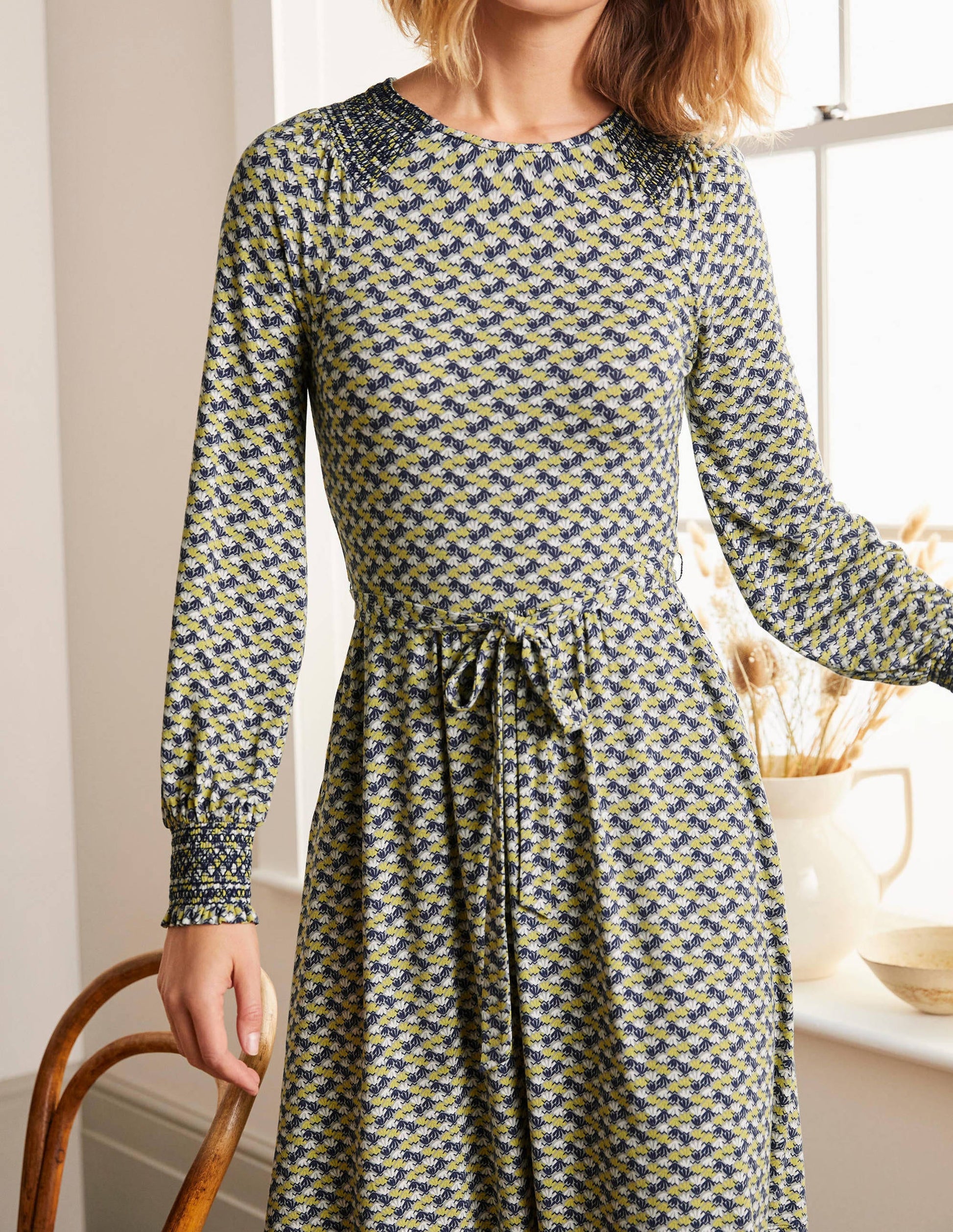 Grace Smocked Jersey Dress-Grey Squirrel, Water Lilies-4
