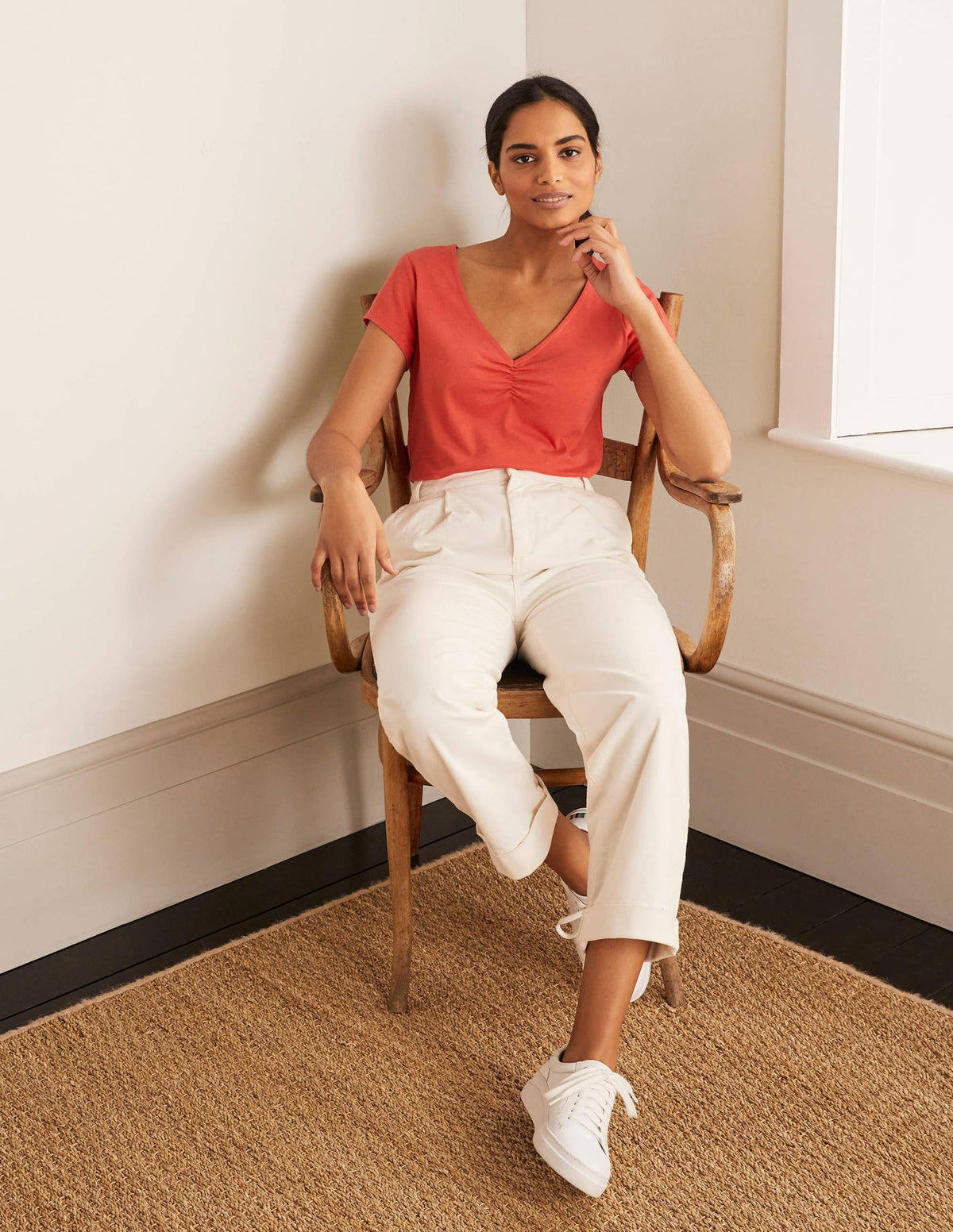 Supersoft Ruched V-neck Tee-Cherry Red - Image 1