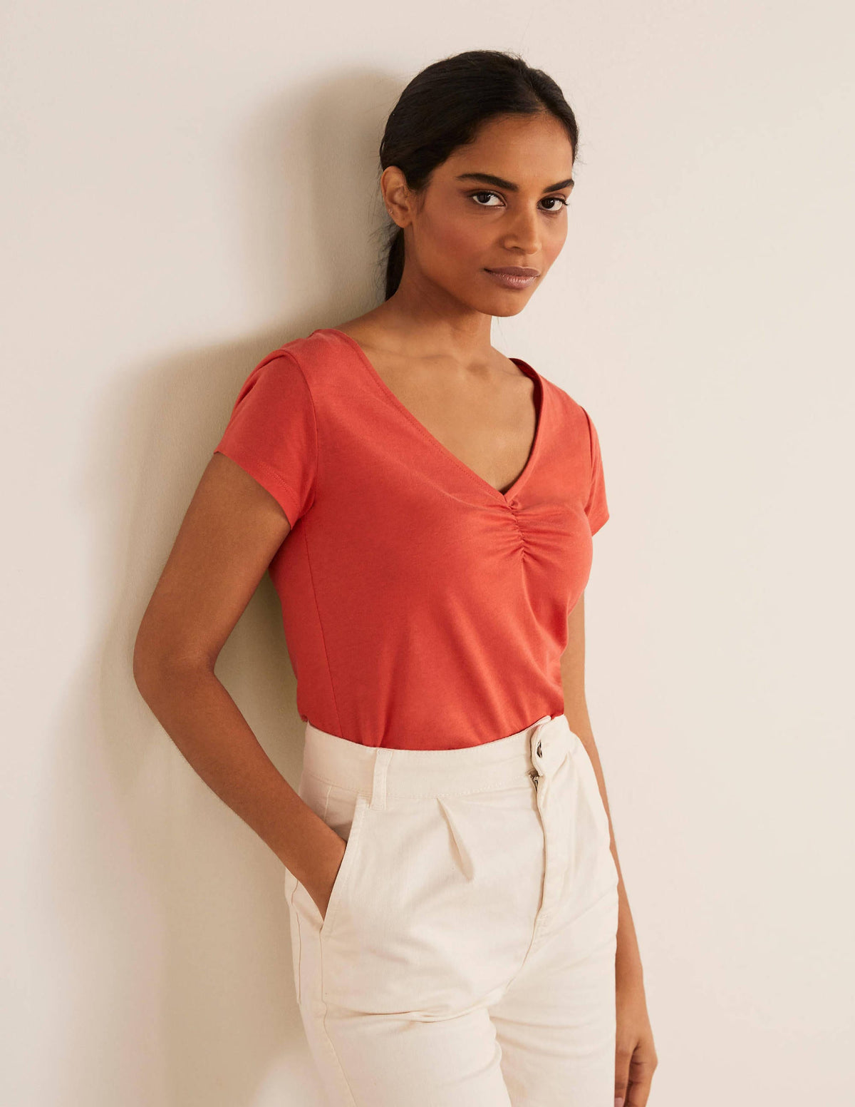 Supersoft Ruched V-neck Tee-Cherry Red - Image 2