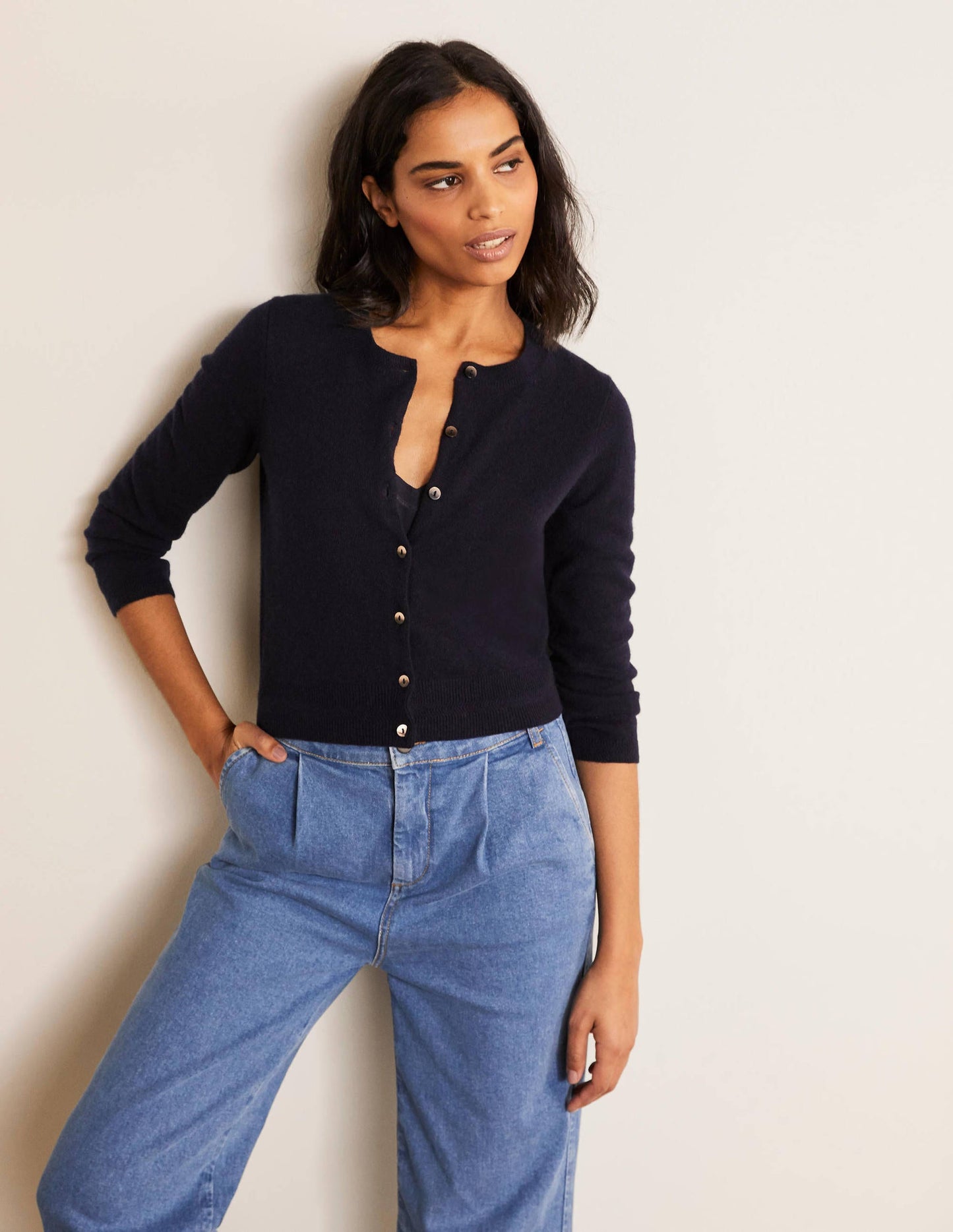 Cashmere Crop Cardigan-Navy