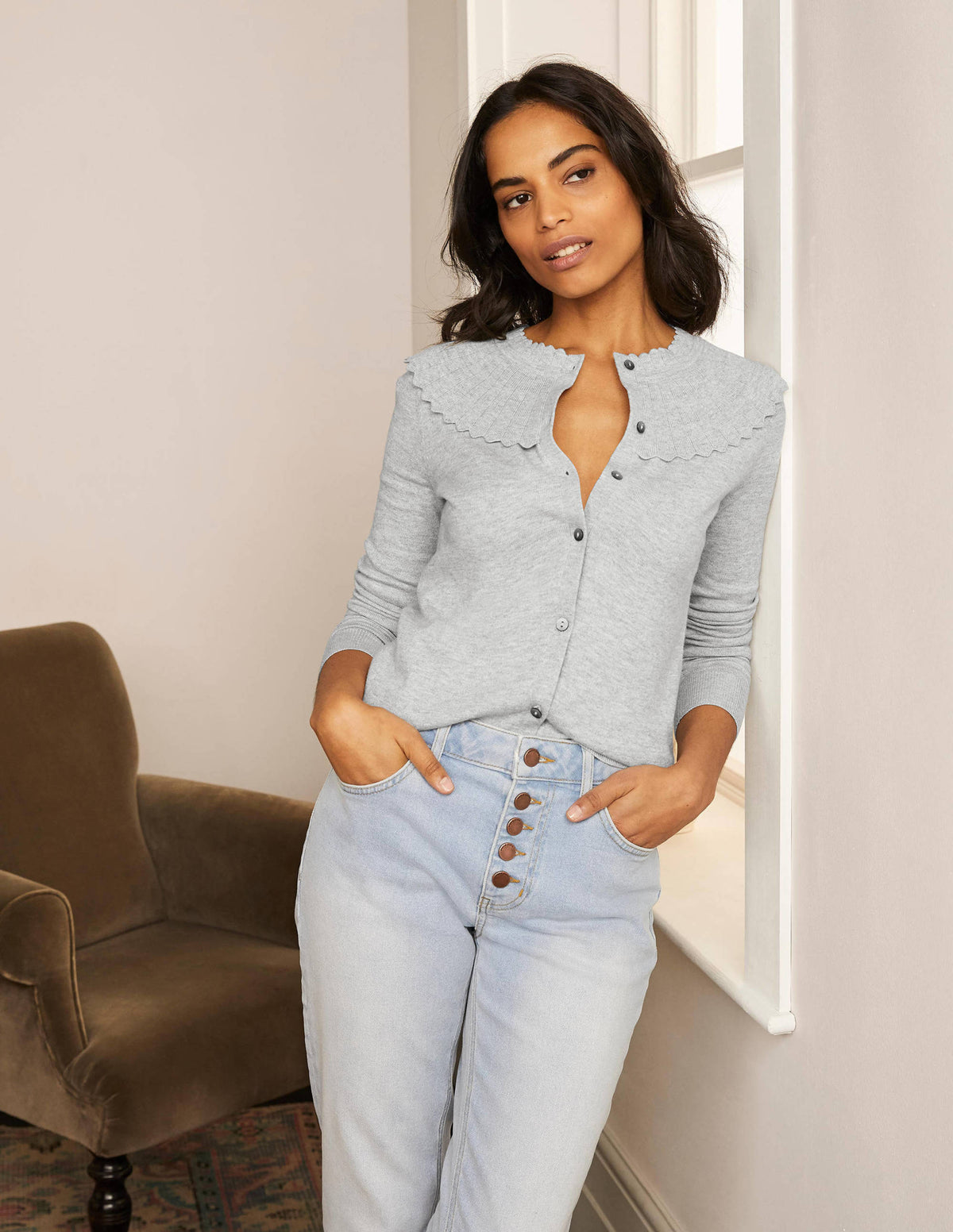 Abercorn Scallop Cardigan-Grey Melange - Image 1