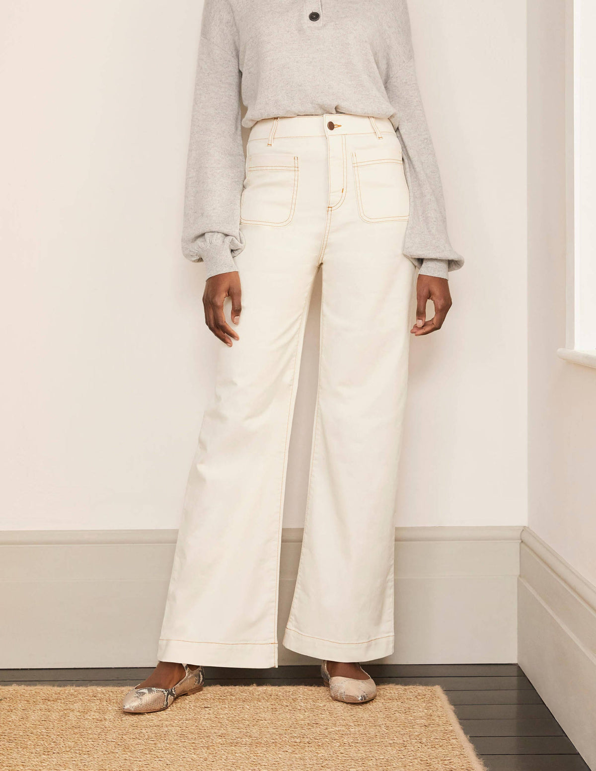 Patch Pocket Wide Leg Jeans-Ivory - Image 1