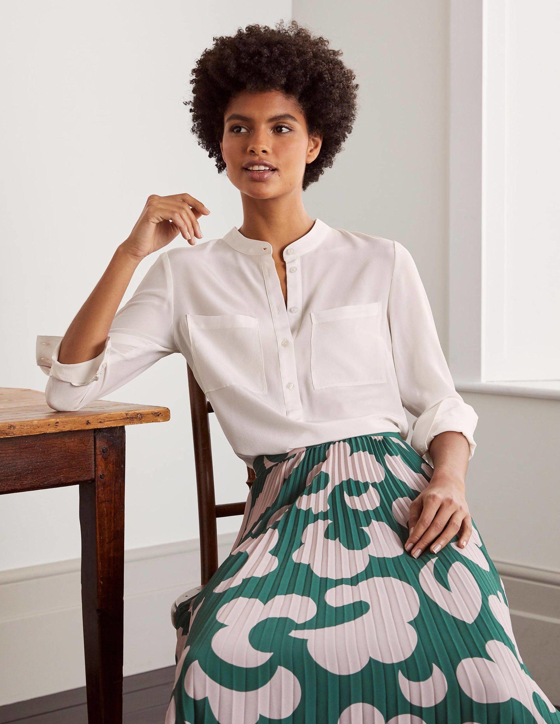 Silk Collarless Blouse-Ivory-2