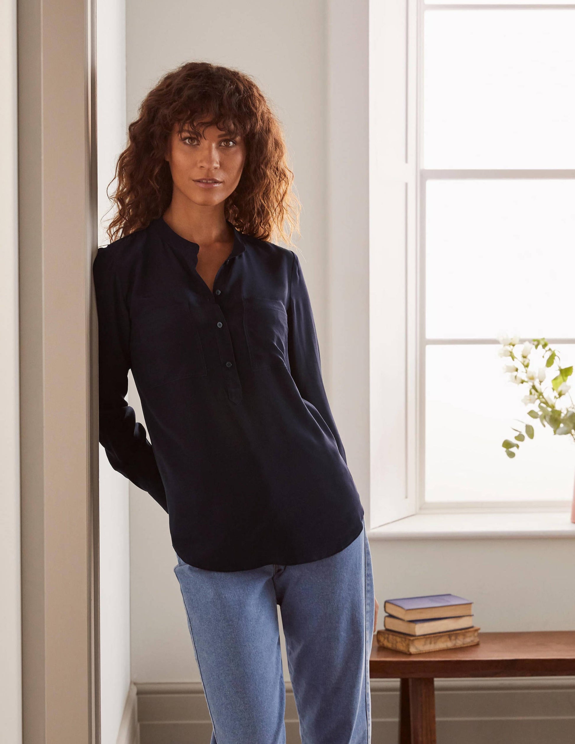 Silk Collarless Blouse-Navy-4
