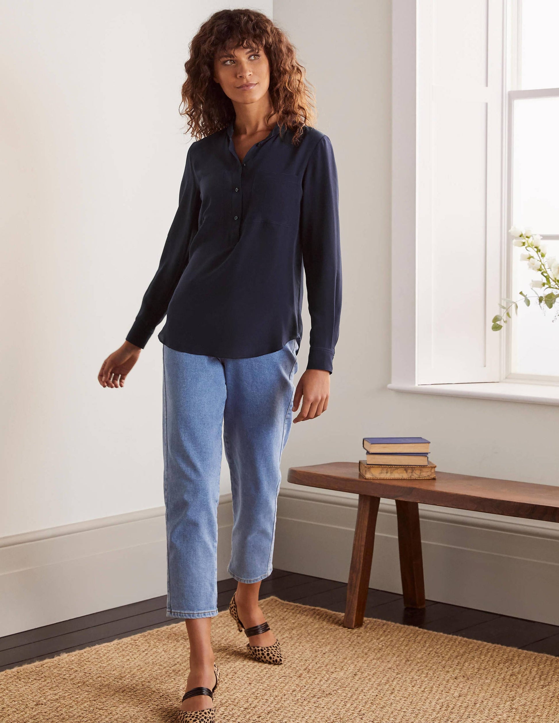 Silk Collarless Blouse-Navy-1