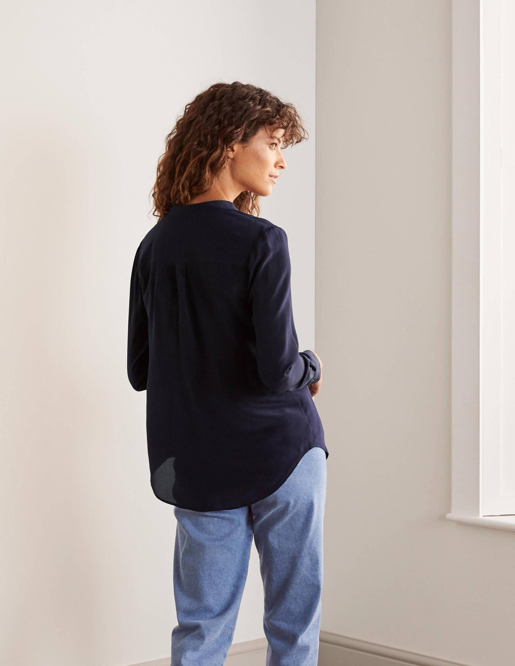 Silk Collarless Blouse-Navy-2