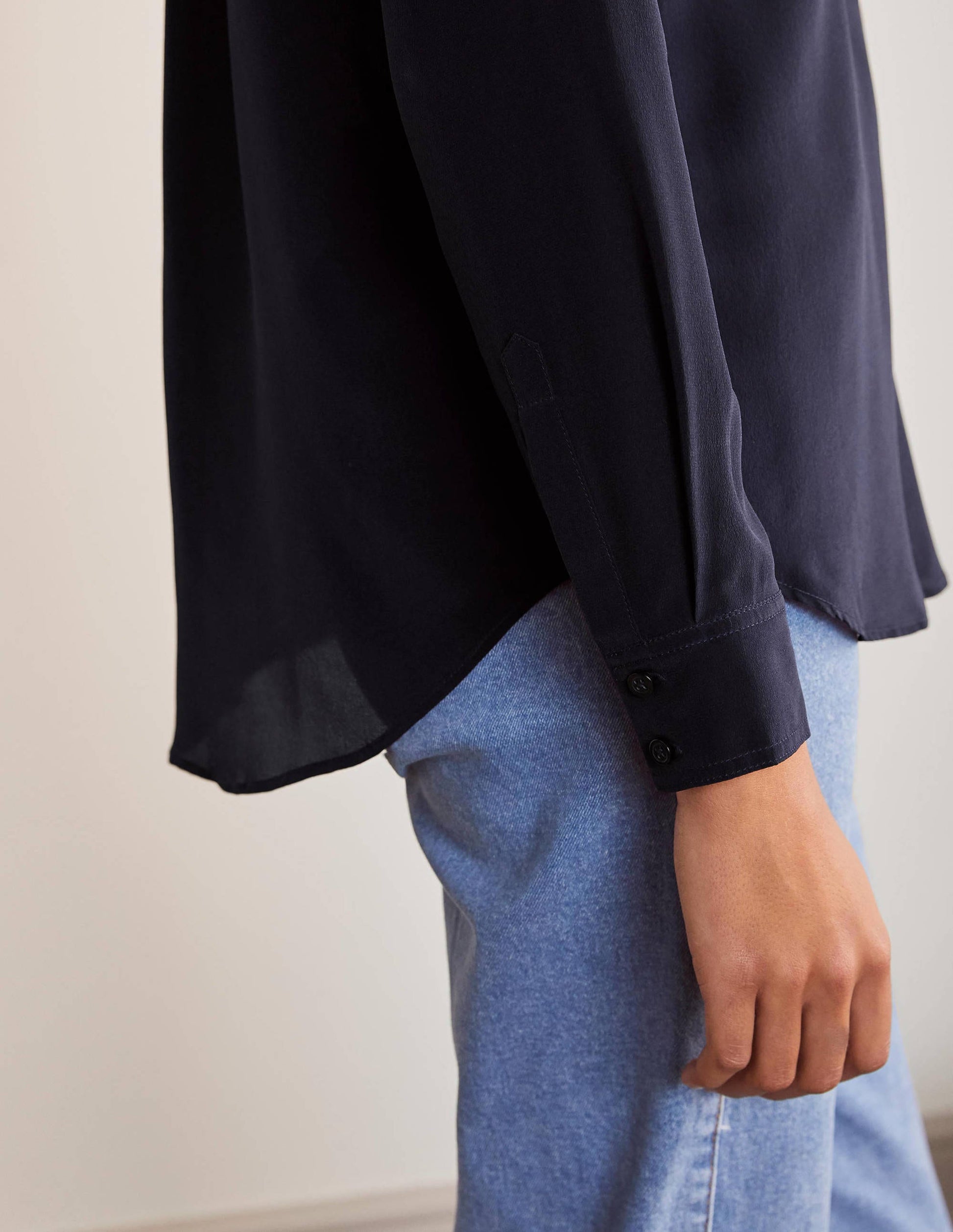 Silk Collarless Blouse-Navy-3