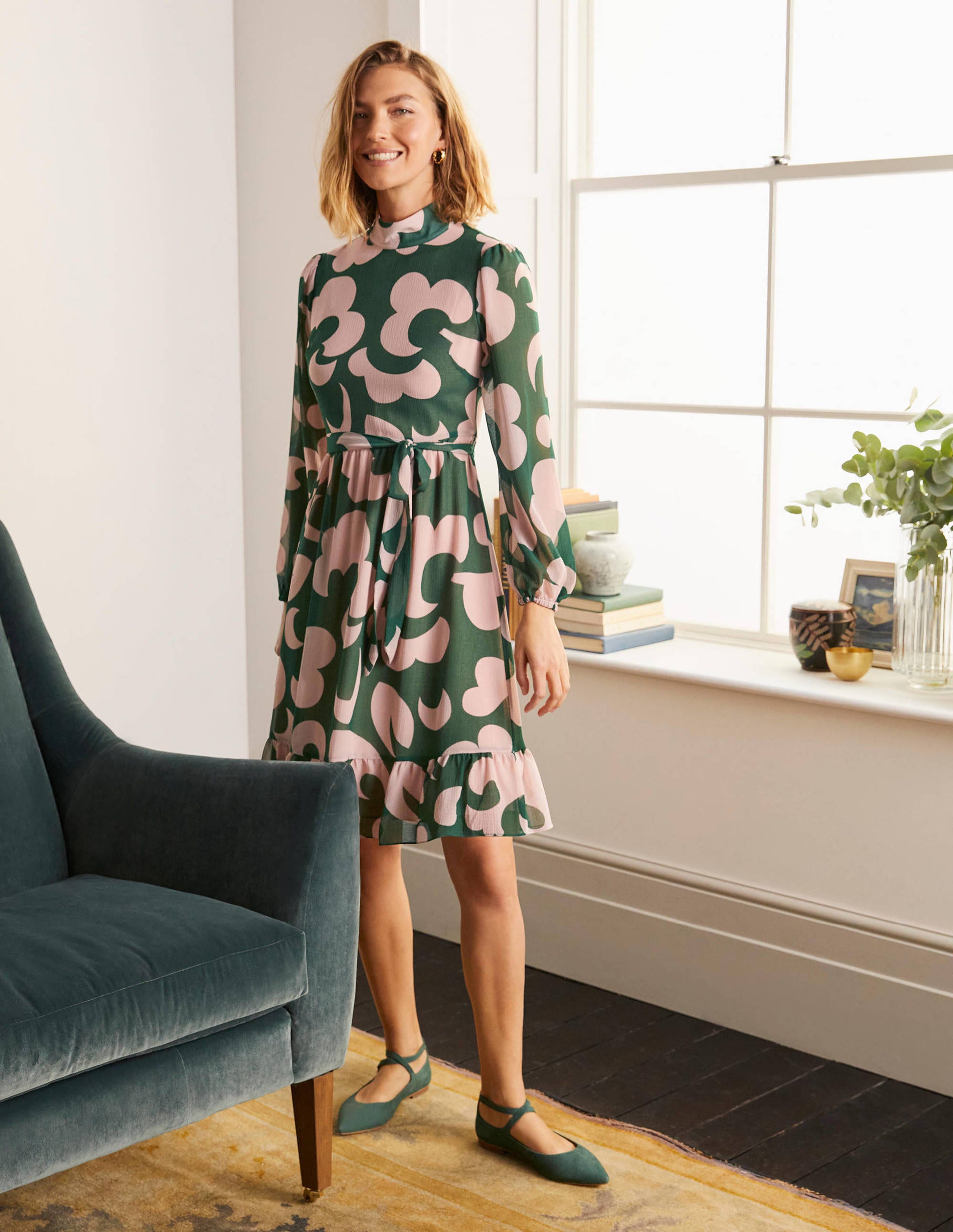 Lottie Belted Dress-Palm Leaf, Dream Cloud - Image 1