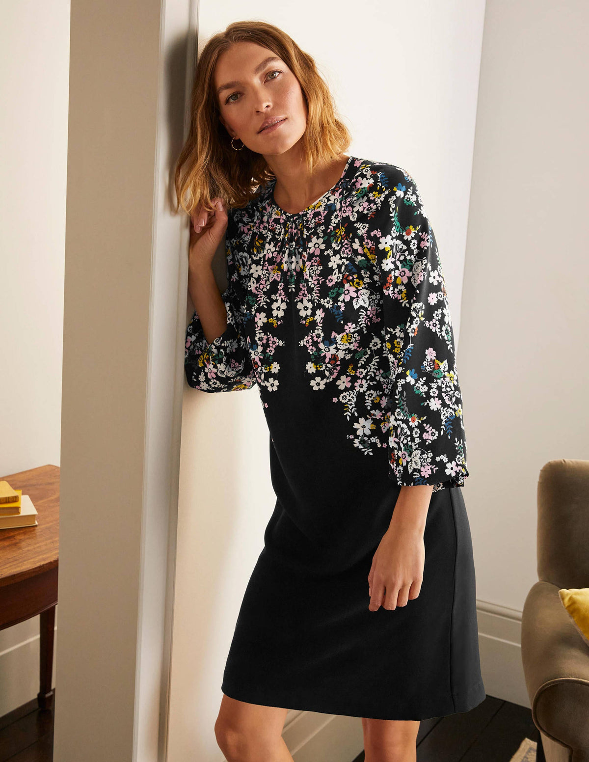 Keira Shift Dress-Black, Posy Placement Front-1