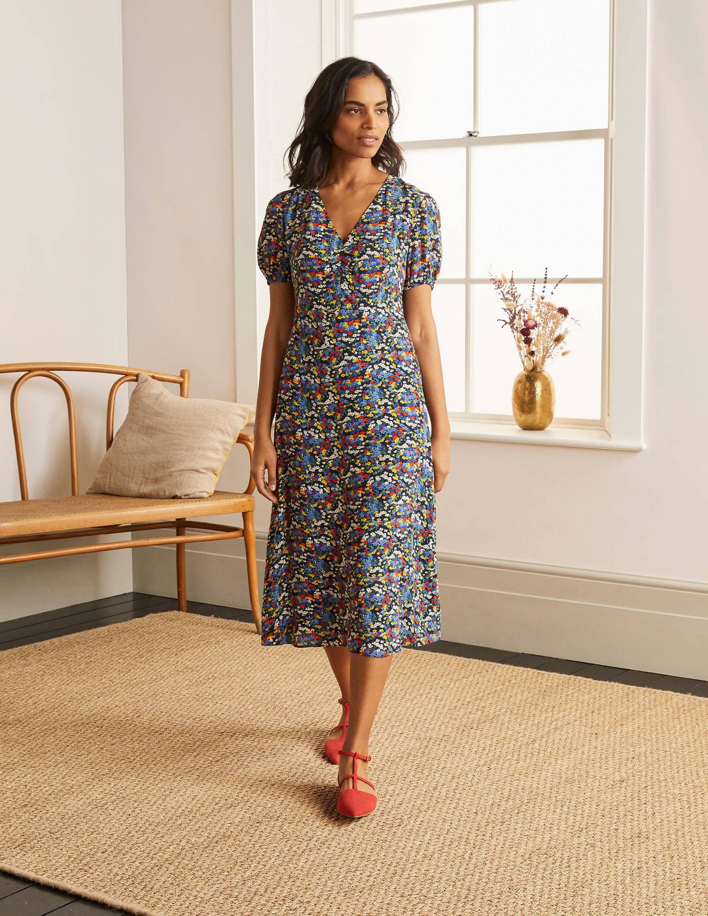 Tessa Midi Dress-French Navy/Broad Bean, Ditsy