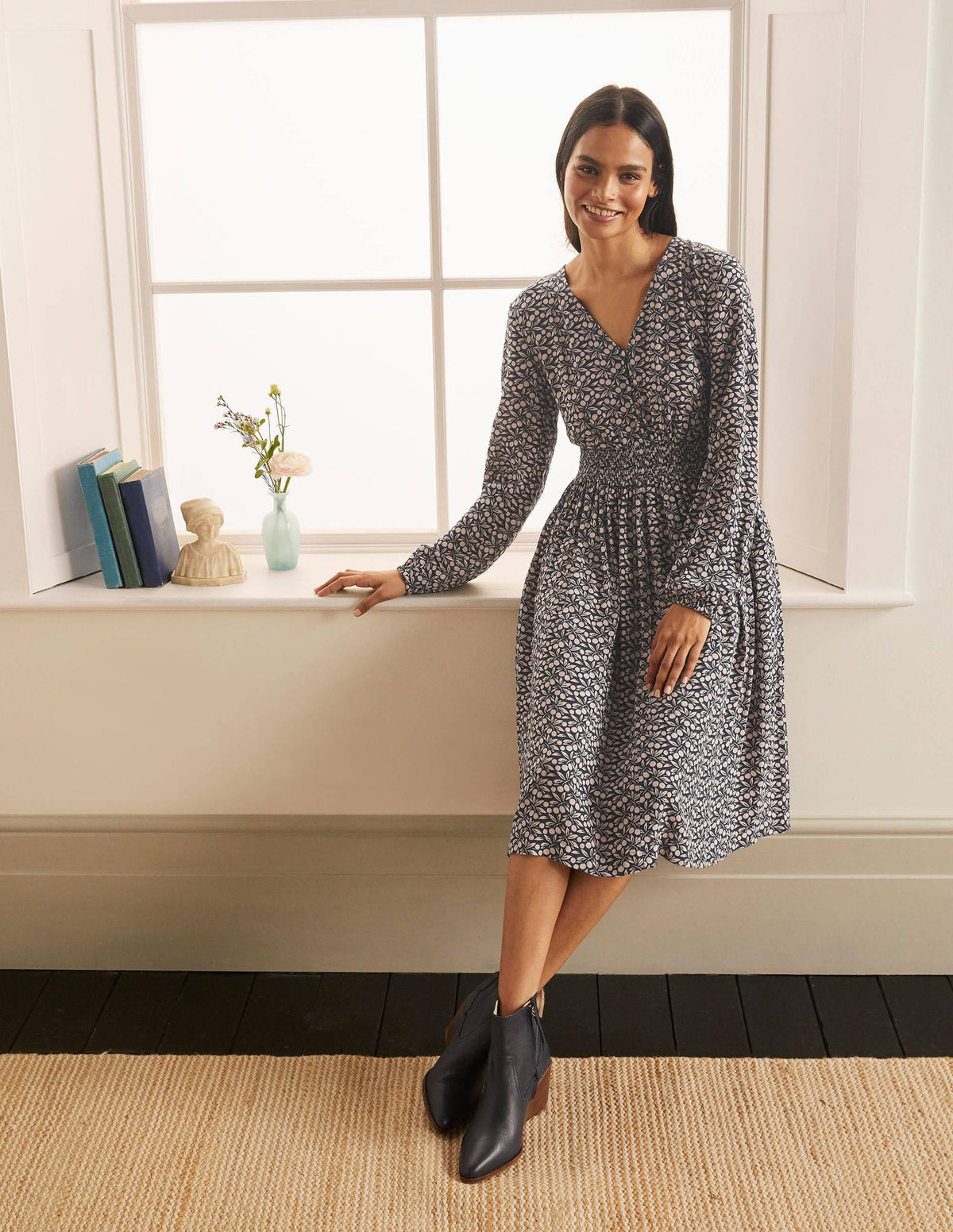 Susannah Smocked Dress-Navy, Berry Branch - Image 4