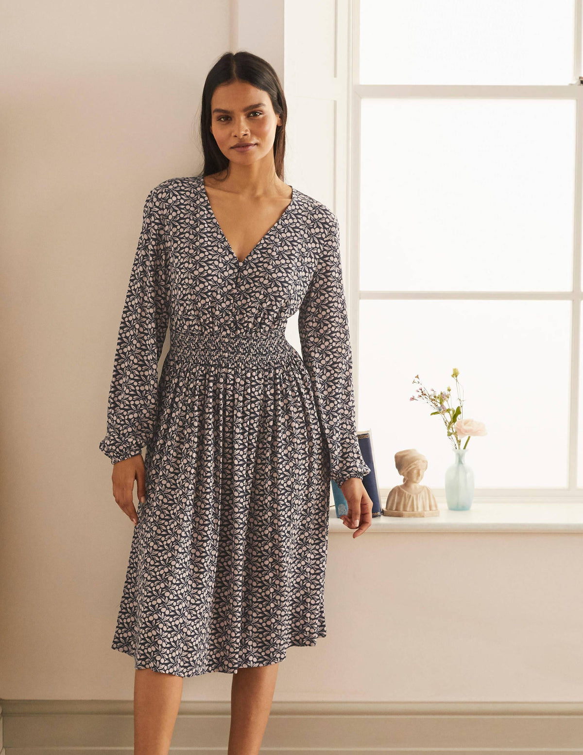 Susannah Smocked Dress-Navy, Berry Branch - Image 1