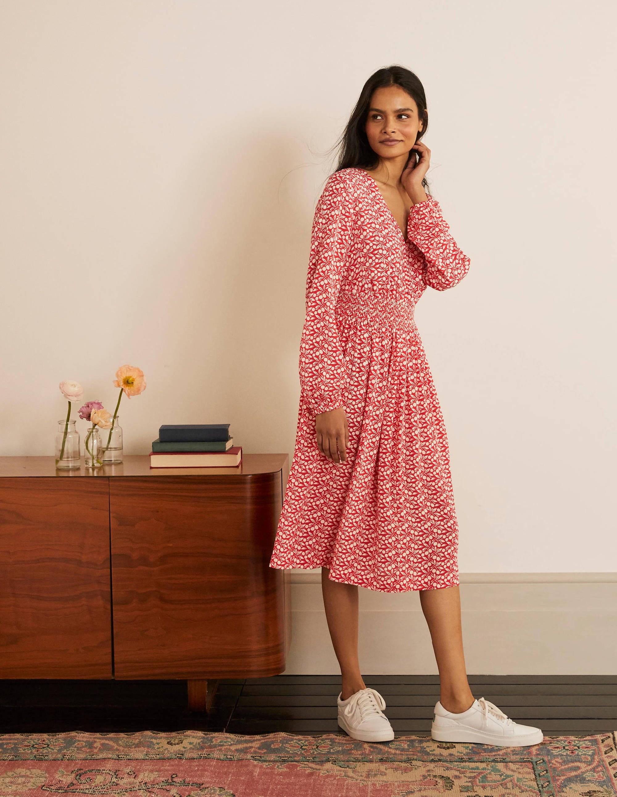 Susannah Smocked Dress-Cherry Red, Berry Branch - Image 1