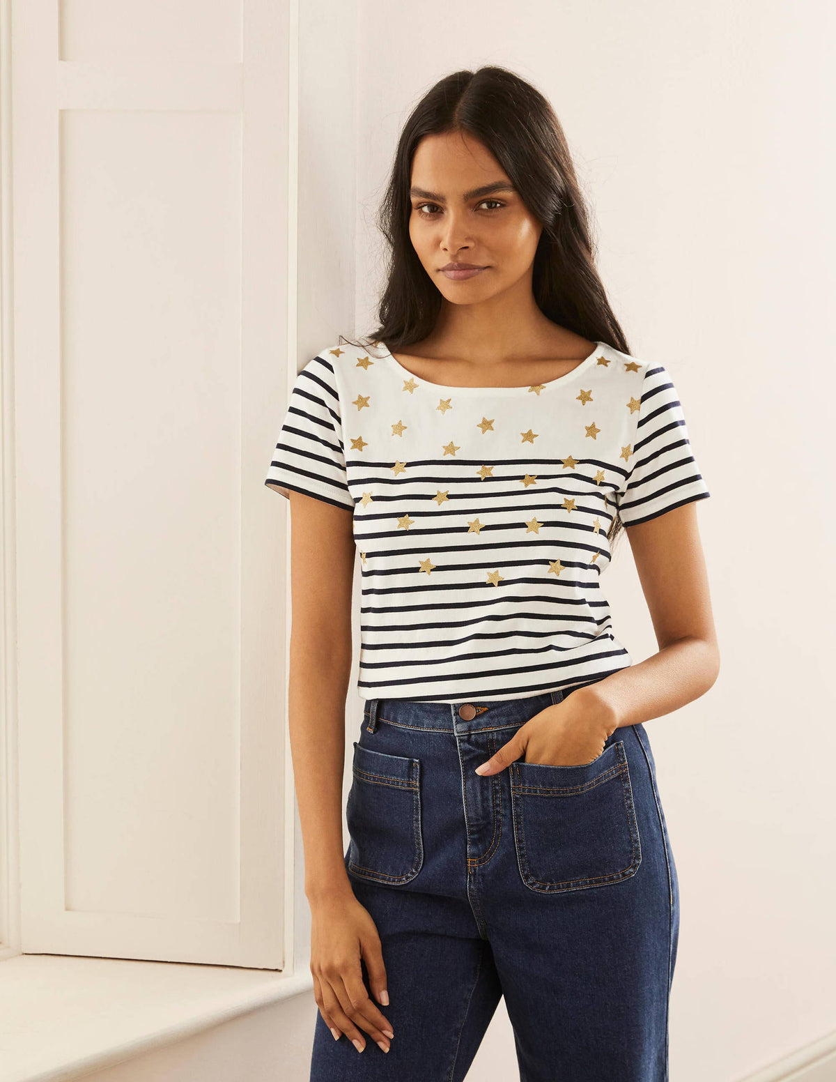 Short Sleeve Breton T-Shirt-Star Scatter Placement-1