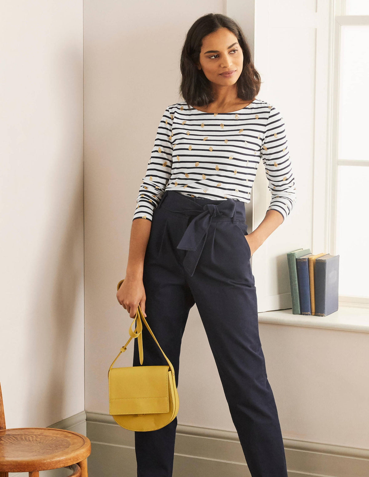 Long Sleeve Breton Top-Ivory/ Navy, Foil Lemons - Image 1