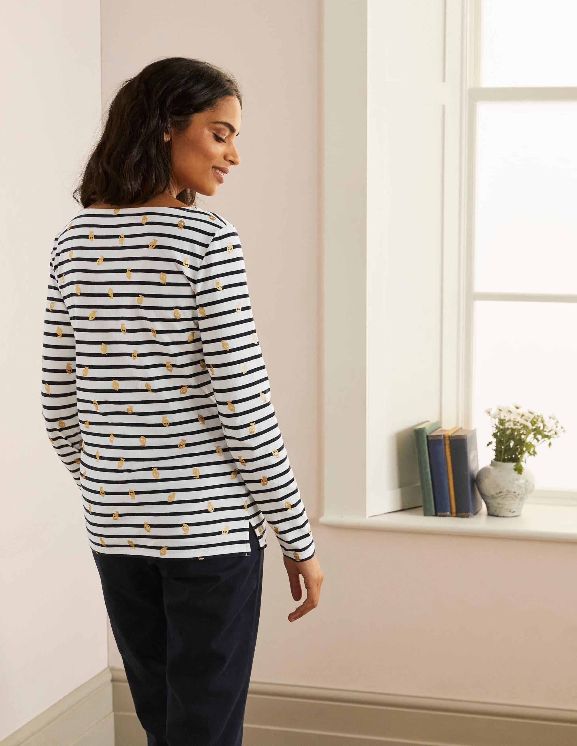 Long Sleeve Breton Top-Ivory/ Navy, Foil Lemons - Image 3