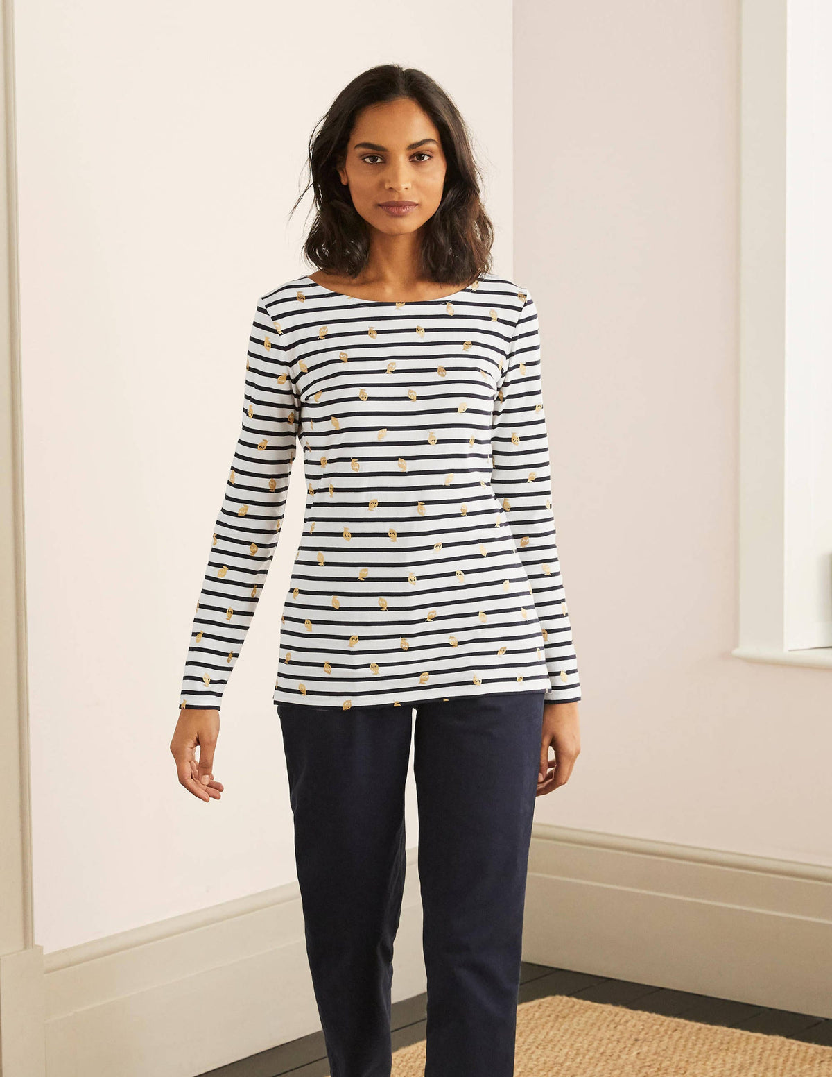 Long Sleeve Breton Top-Ivory/ Navy, Foil Lemons - Image 5