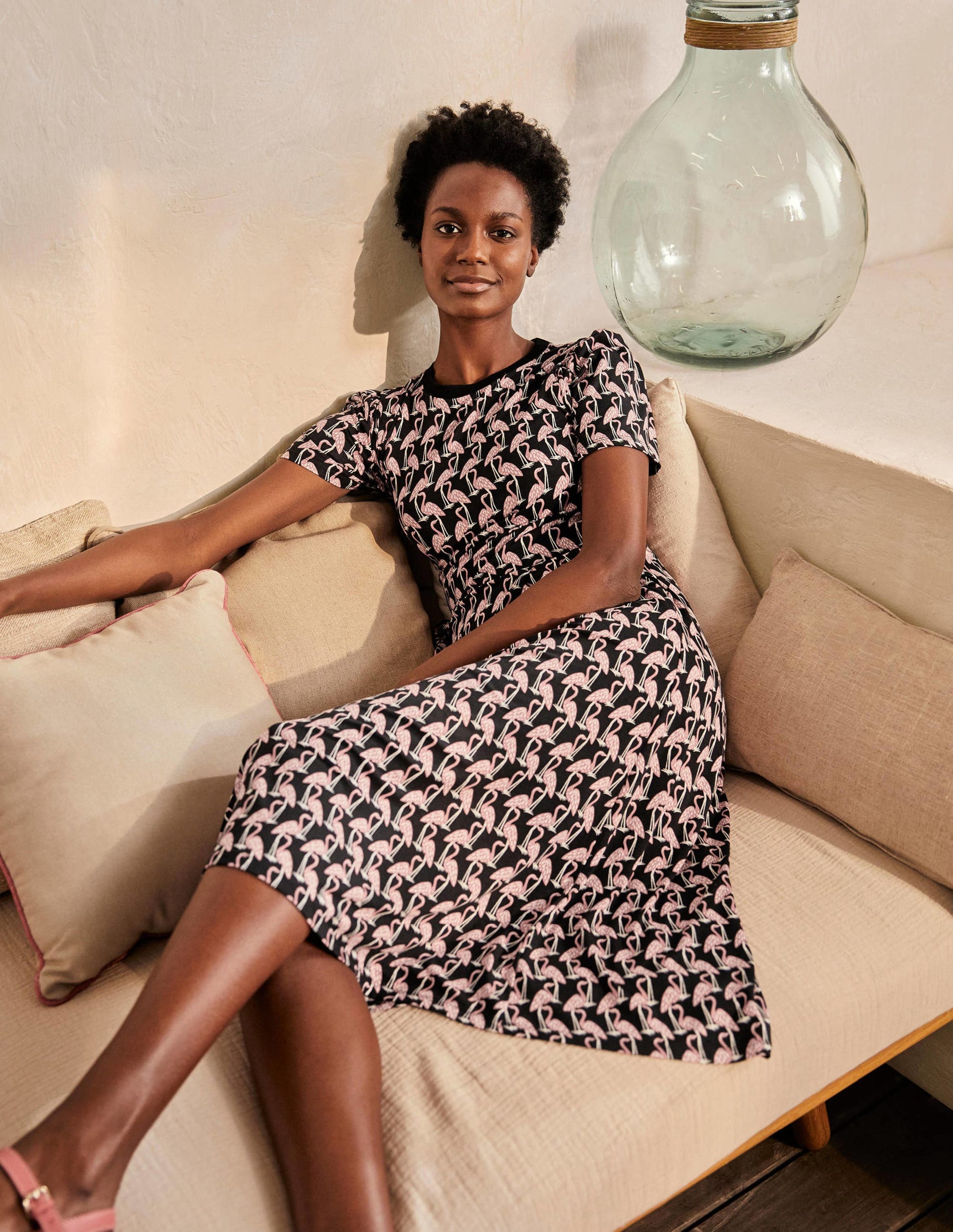 Lucinda Jersey Midi Dress-Black, Tropical Flamingo-1