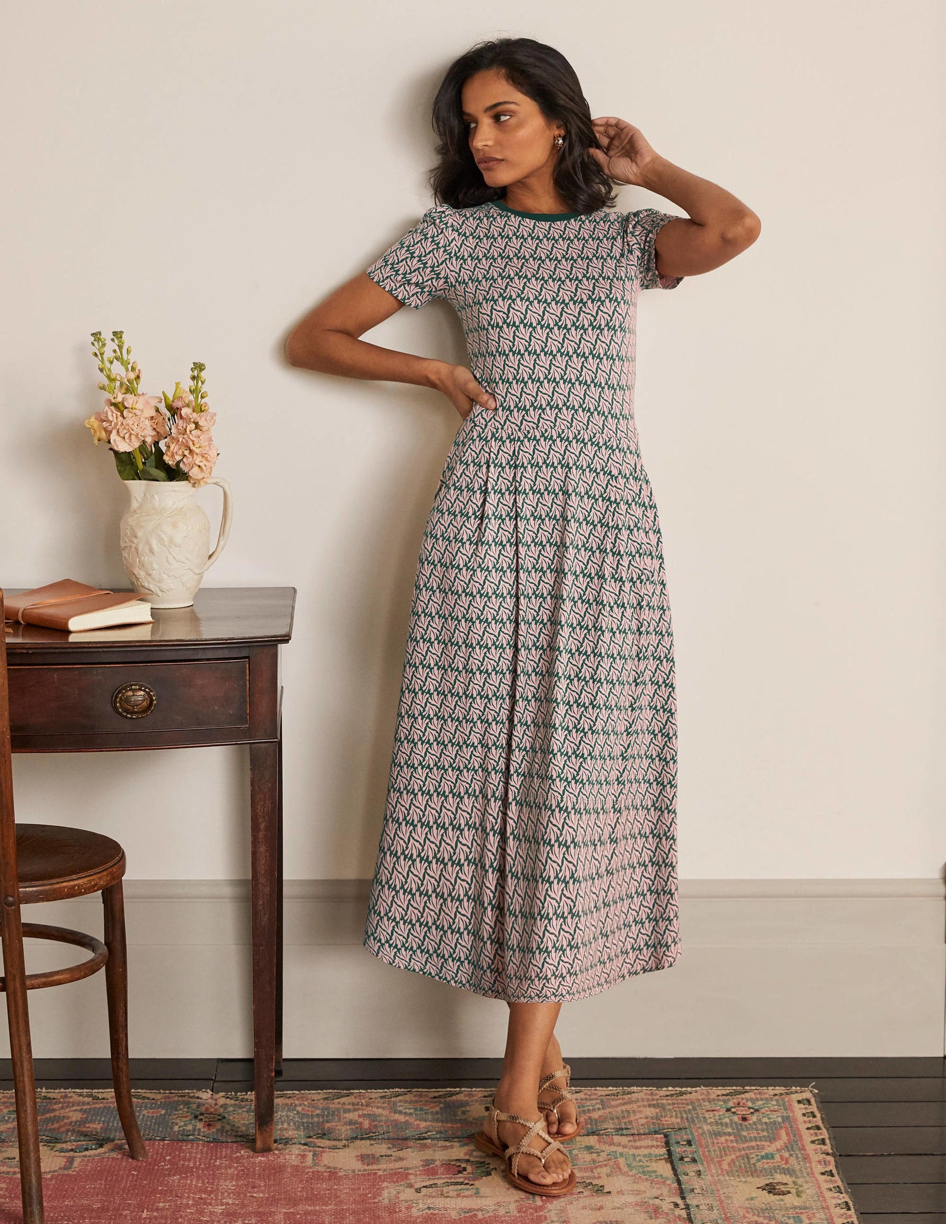 Lucinda Jersey Midi Dress-Palm Leaf, Swaying Coral-1