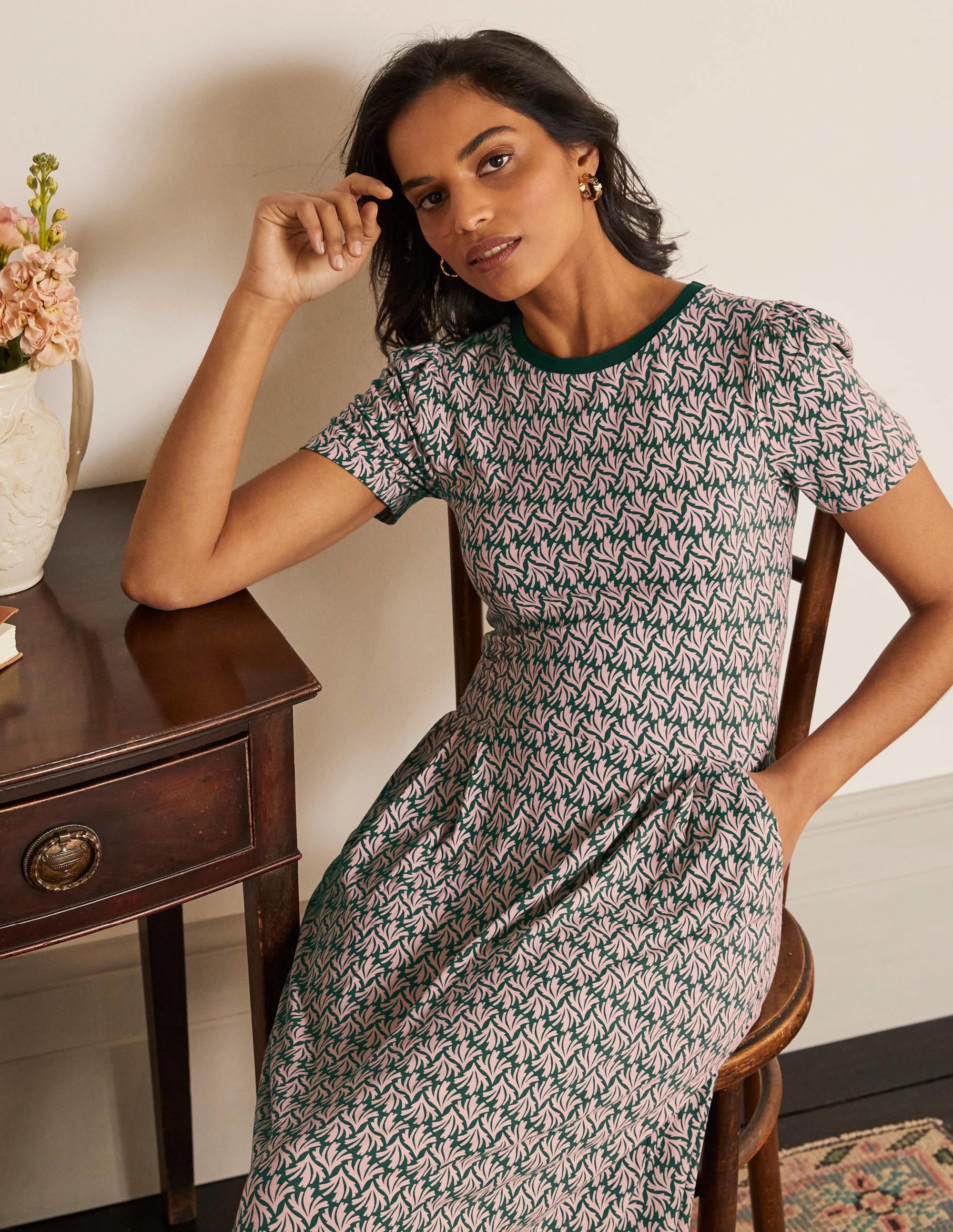 Lucinda Jersey Midi Dress-Palm Leaf, Swaying Coral - Image 2
